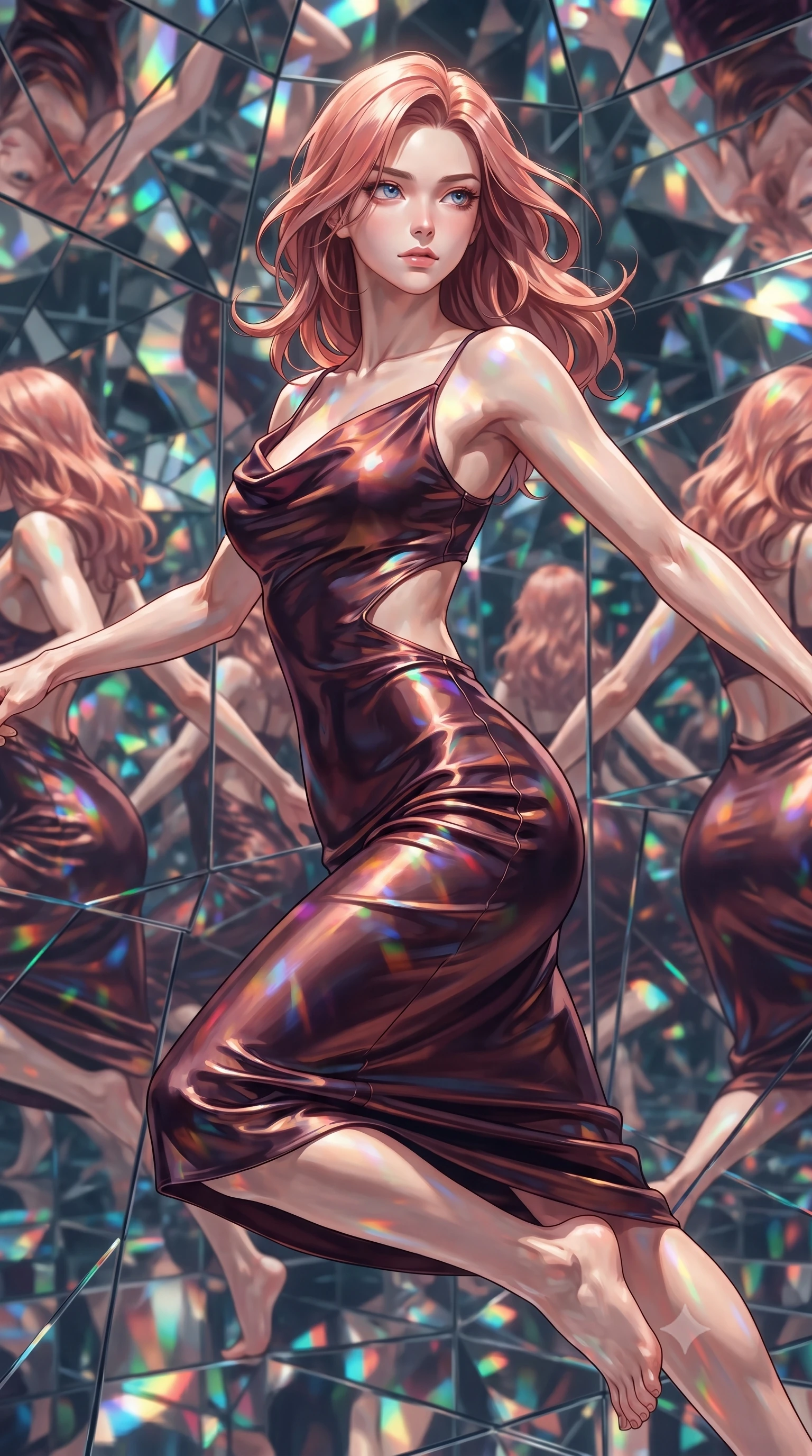 score_9, masterpiece, best quality, ultra-detailed, high-budget anime keyframe, editorial fashion photography, tasteful artistic composition, Japanese woman. close-up cowboy shot from the waist and thighs up, the character dominates the composition, filling the frame with her large presence, background elements kept in soft focus. Gazing past the lens with composed intensity as her torso curves dynamically in mid-motion while leaping through a kaleidoscope mirror corridor as her reflection multiplies endlessly, multiple mirror reflections capturing her statuesque form from dramatic angles. She has an exceptionally elegant, slender, and willowy female figure with an ultra-slim waist, a gracefully sculpted slender torso, and a refined silhouette. sharp v-shaped jawline, high-bridge nose, intricate jewel-like eyes with depth, thick eyelashes, glossy lips with a natural sheen, flawlessly proportioned anatomical accuracy, natural body alignment, perfectly sculpted elegant limbs, clean dynamic posture without body distortion. wearing an elegant cowl-neck satin midi dress with a graceful draped neckline in deep burgundy and bronze, made of premium stretch velvet with a rich sheen, featuring clean architectural cutouts along her slender torso, the form-contouring material highlighting her ultra-slim waist and long lines. bathed in brilliant multi-color rainbow light refracting through mirror fragments. ultra-reflective glossy finish, specular highlights, metallic sheen, high-contrast stereoscopic depth, volumetric dynamic lighting, 2k, ultra detail, master piece, 9:16 ratio