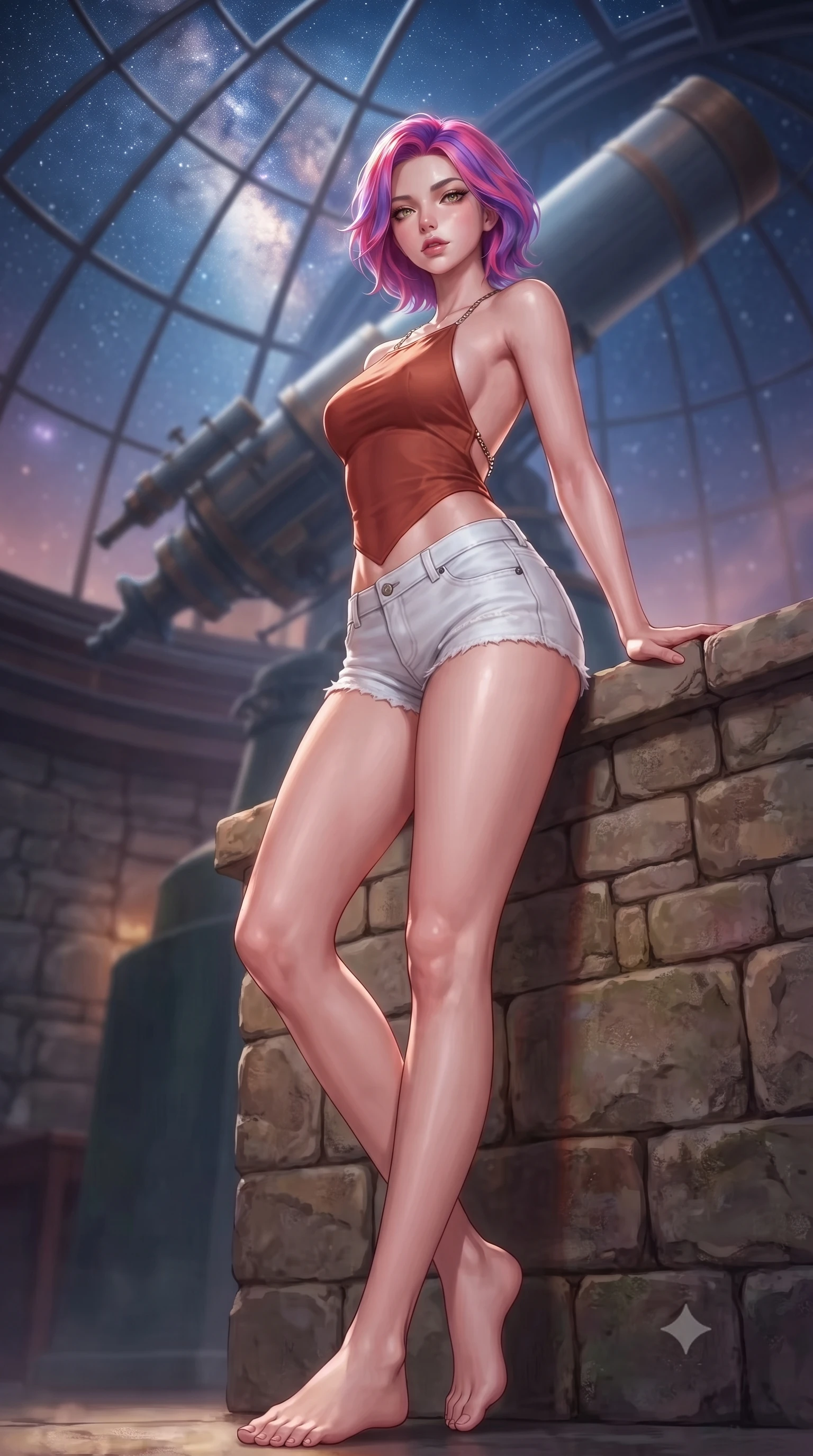 score_9, masterpiece, best quality, ultra-detailed, high-budget anime keyframe, editorial fashion photography, tasteful artistic composition, Caucasian woman. low angle full-body shot from head to toe showing her feet, filling the entire 9:16 vertical frame with her statuesque presence, stretching her vertical silhouette. leaning back against a rustic stone wall, casting a slow, alluring gaze at the camera the background shows a soft-focus a grand celestial observatory dome with a giant telescope under a starry galaxy sky. She has an absolutely perfect, statuesque 8.5-heads proportion, an exceptionally tall and slender model-like female figure with impossibly long slender legs and an ultra-slim waist. sharp v-shaped jawline, high-bridge nose, intricate jewel-like eyes with depth, thick eyelashes, glossy lips with a natural sheen. wearing a tailored backless halter top in terracotta red, paired with white denim micro-shorts. opal silver starlight filtering through the glass dome, creating a cosmic glow. highly saturated vibrant anime colors, detailed shading with soft gradients, rich glossy textures, high-contrast stereoscopic depth, volumetric dynamic lighting, master piece, 9:16 ratio