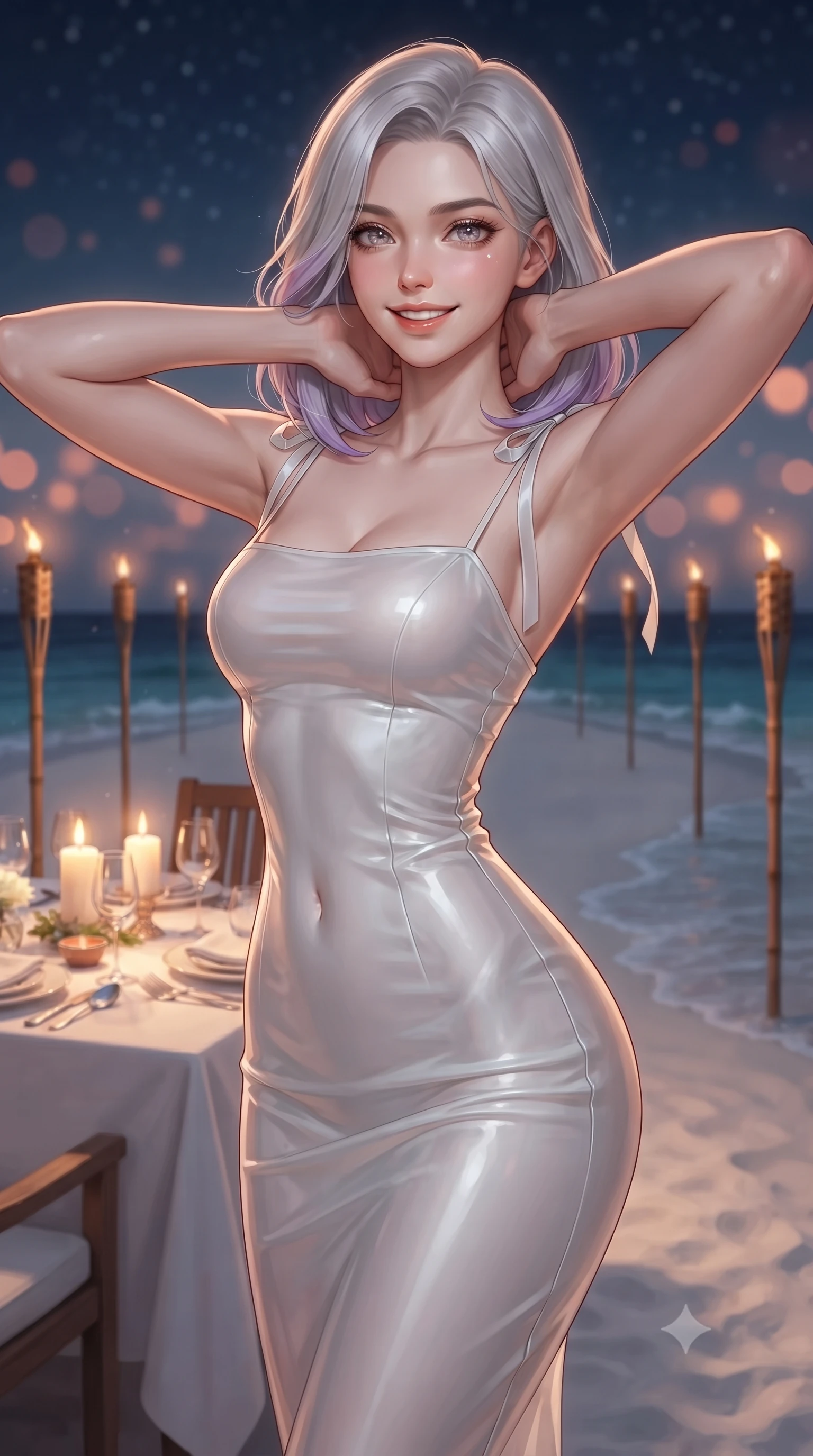 score_9, masterpiece, best quality, ultra-detailed, high-budget anime keyframe, editorial fashion photography, tasteful artistic composition, Caucasian woman. close-up cowboy shot from the waist and thighs up, the character dominates the composition, filling the frame with her large presence. resting both hands lightly behind her neck with elbows raised, arching her spine to highlight her narrow waist, flat midriff, and breathtaking collarbones while twisting her slender torso in an alluring contrapposto stance beside the candlelit dining table, gentle lapping waves caressing the sand at her feet. The background shows a soft-focus solitary white sandbank in the middle of the Indian Ocean, line of bamboo tiki torches glowing in the dark, and starry sky blurred into coral, amber, and indigo bokeh. She has an exceptionally elegant, slender, and willowy female figure with an ultra-slim waist, flat toned midriff, narrow ribcage, and sculpted feminine hips creating an alluring, slim hourglass silhouette without bulk. sharp v-shaped jawline, high-bridge nose, intricate jewel-like sparkling eyes with depth, thick eyelashes, glossy parted lips with a natural peach sheen, bright cheerful beaming smile with an enchanting and coquettish sensual glint, exuding both youthful cute charm and seductive allure, flawlessly proportioned anatomical accuracy, strict slender model proportions, natural body alignment, perfectly sculpted long slender limbs, ultra-slim waistline, clean dynamic posture without body distortion. wearing a glove-like stretch lambskin leather sheath dress accentuating her ultra-slim waistline in pure translucent crystal white and liquid platinum, made of fluid liquid jersey with seamless sculpting hold and smooth contours, finished with satin ribbon ties at the shoulders fluttering in the gentle breeze, the form-contouring silhouette accentuating her sculpted flat midriff, narrow delicate ribcage, and gracefully curvy hips with intoxicating allure. bathed in the warm intimate 2200K glow of bamboo torches and hurricane lanterns contrasted with twilight sea hues. ultra-reflective glossy finish, specular highlights, rich textural contrasts, high-contrast stereoscopic depth, volumetric dynamic lighting, 2k, ultra detail, master piece, 9:16 ratio