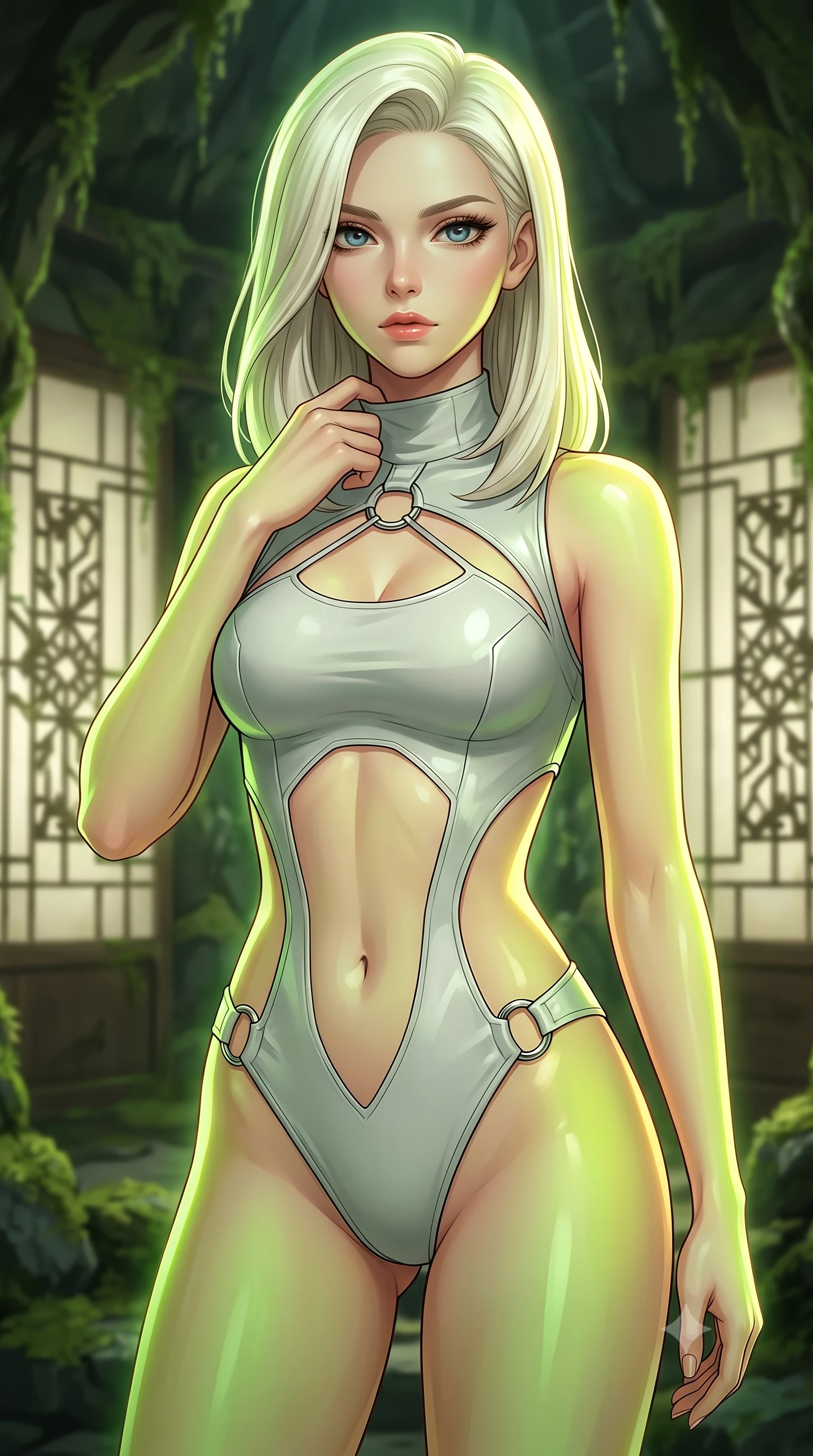 score_9, masterpiece, best quality, ultra-detailed, high-budget anime keyframe, editorial fashion photography, tasteful artistic composition, Caucasian woman. close-up cowboy shot from the waist and thighs up, the character dominates the composition, filling the frame with her large presence, background elements kept in soft focus. adjusting the high collar of her body-hugging suit, looking past the camera with quiet, sharp focus and a composed expression, the background shows a soft-focus a moss grotto temple with paper screens showing a silhouette of geometric patterns. She has an exceptionally elegant, slender, and willowy female figure with an ultra-slim waist, a gracefully sculpted slender torso, and a refined silhouette. sharp v-shaped jawline, high-bridge nose, intricate jewel-like eyes with depth, thick eyelashes, glossy lips with a natural sheen. wearing a tailored light carbon-plate combat bodysuit featuring dramatic geometric open-waist cutouts framed by chrome ring hardware. soft green and yellow digital plant light wrapping her form in an organic glow. highly saturated vibrant anime colors, detailed shading with soft gradients, rich glossy textures, high-contrast stereoscopic depth, volumetric dynamic lighting, master piece, 9:16 ratio