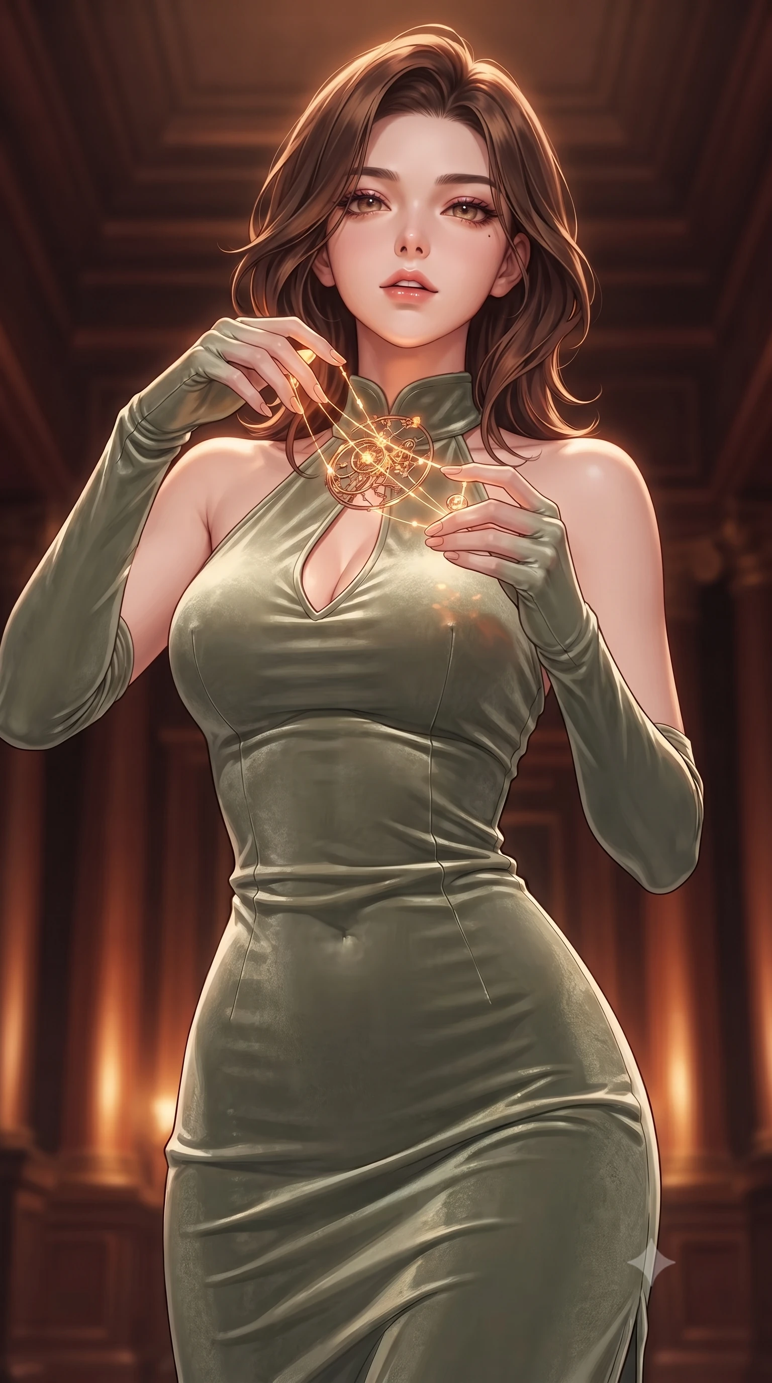 score_9, masterpiece, best quality, ultra-detailed, high-budget anime keyframe, editorial fashion photography, tasteful artistic composition, Korean woman. close-up cowboy shot from the waist and thighs up, the character dominates the composition, filling the frame with her large presence, background elements kept in soft focus. Tilting her chin up slightly with lips parted in a magnetic, composed expression threading glowing clockwork spring wires inside a majestic archives hall, rich mahogany and polished bronze textures reflecting warm hearth light. She has an exceptionally elegant, slender, and willowy female figure with an ultra-slim waist, a gracefully sculpted slender torso, and a refined silhouette. sharp v-shaped jawline, high-bridge nose, intricate jewel-like eyes with depth, thick eyelashes, glossy lips with a natural sheen. wearing a velvet halter-neck midi dress following her form like a glove in sage green and oatmeal, made of premium stretch velvet with a rich sheen, accented with a Tasteful chest slit framing her clavicle gracefully, the glove-like fit emphasizing her statuesque silhouette. bathed in warm twilight amber backlighting and rich metallic specular glow. highly saturated vibrant anime colors, detailed shading with soft gradients, rich glossy textures, high-contrast stereoscopic depth, volumetric dynamic lighting, master piece, 9:16 ratio