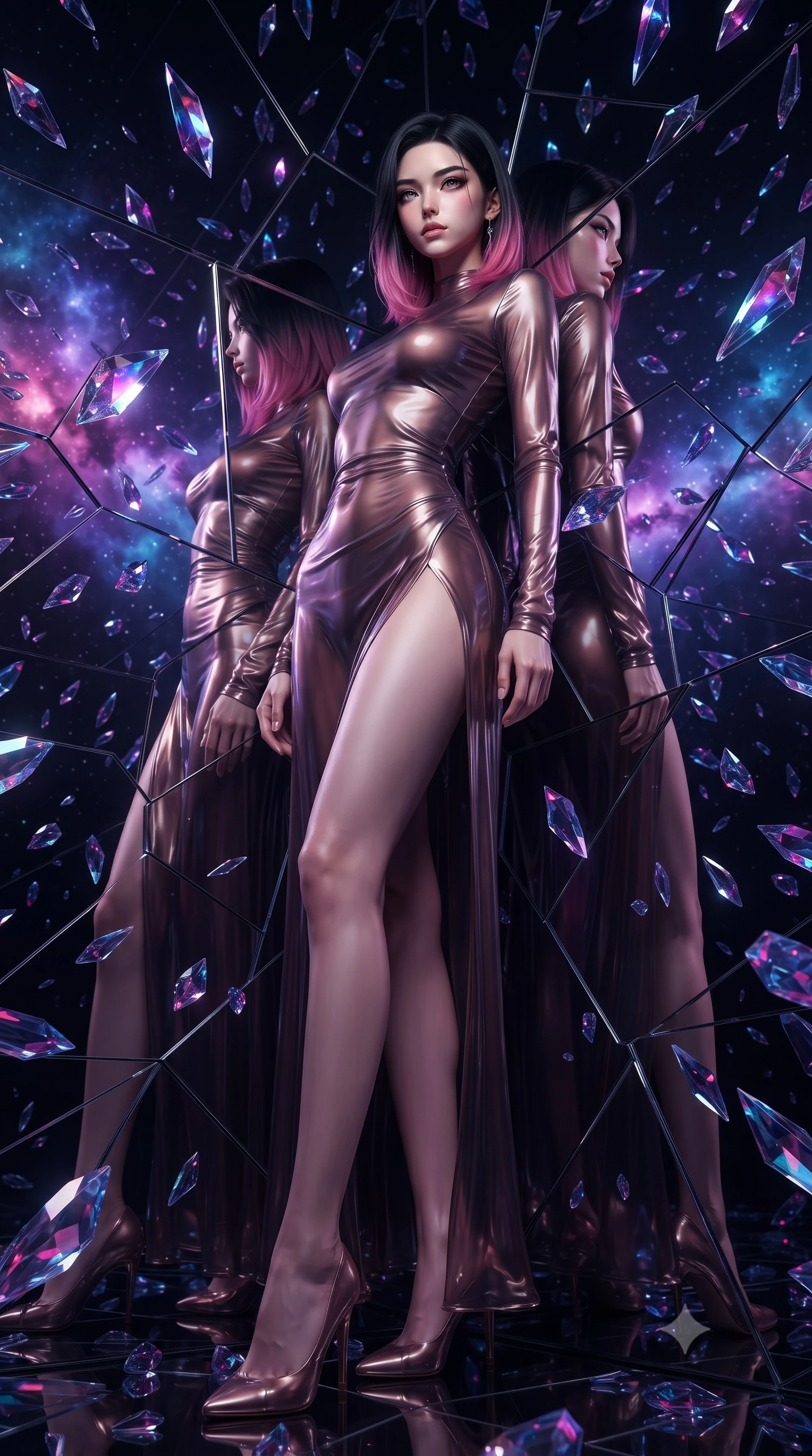 score_9, masterpiece, best quality, ultra-detailed, High-budget Anime Keyframe, editorial fashion photography, tasteful artistic composition, realistic cosplay photography, East Asian woman. Low angle cowboy shot filling the entire 9:16 frame with her statuesque presence. Scenario 296: leaning back against a wall of virtual mirrors in a dark void filled with floating crystal shards reflecting purple nebulae. Her presence is magnetic and overpowering in this high-budget cinematic scene. Outfit 296: a body-hugging molten liquid silk sheer with a thigh-high slit and tight-fitting silhouette. The clothing is designed to emphasize her exceptionally tall and slender 8-heads proportion. 8-heads proportion, towering silhouette, ultra-slim waist. sharp v-shaped jawline, intricate jewel-like eyes with depth, thick eyelashes, glossy lips. ultra-reflective glossy finish, specular highlights, metallic sheen, high-contrast stereoscopic depth, volumetric dynamic lighting, 2k, ultra detail, master piece, 9:16 ratio