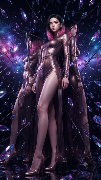 score_9, masterpiece, best quality, ultra-detailed, High-budget Anime Keyframe, editorial fashion photography, tasteful artistic composition, realistic cosplay photography, East Asian woman. Low angle cowboy shot filling the entire 9:16 frame with he