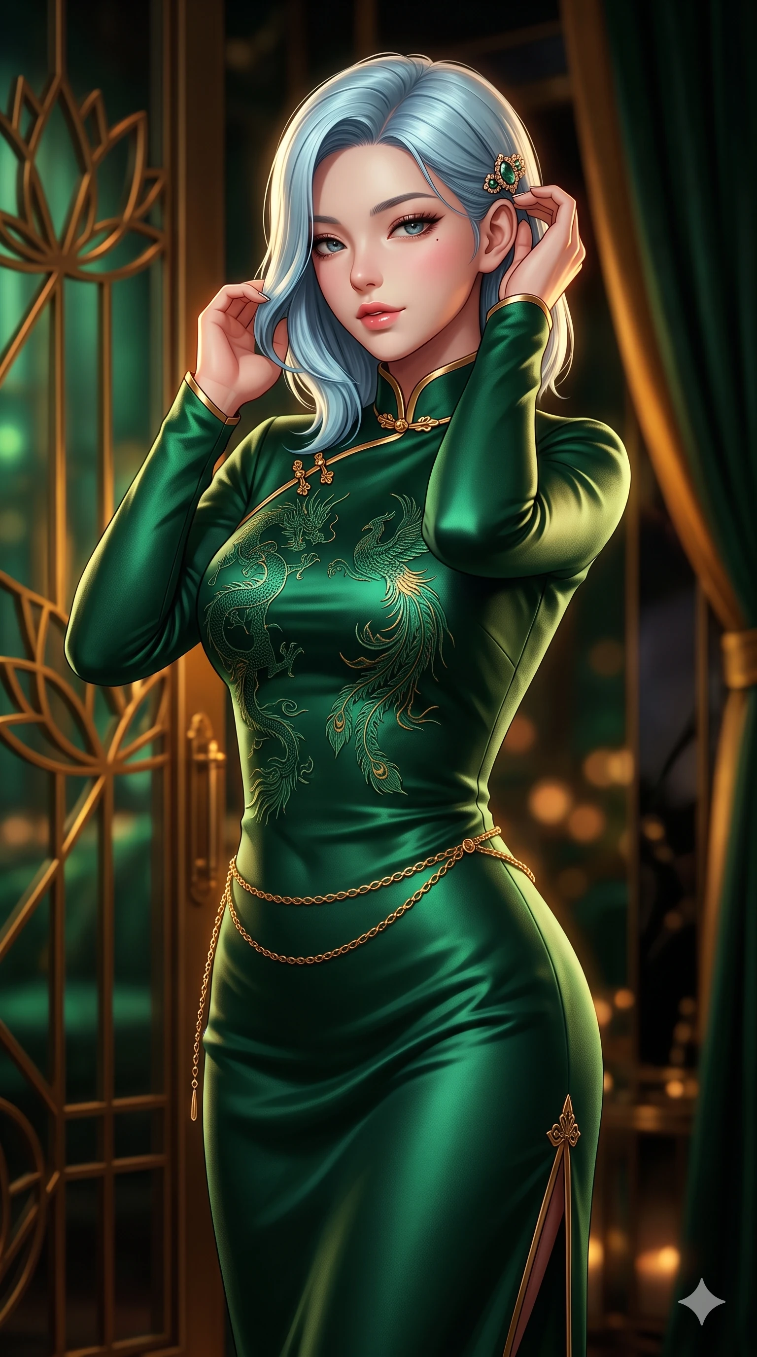 score_9, masterpiece, best quality, ultra-detailed, high-budget anime keyframe, semi-realistic 3D game render, editorial fashion photography, tasteful artistic composition, Korean woman. close-up cowboy shot from the waist and thighs up, the character dominates the composition, filling the frame with her large presence. gently brushing a lock of hair behind her ear while casting a playful, flirtatious side-gaze with long eyelashes while standing poised at the solarium entrance, arching her lower back with sovereign supermodel grace while adjusting her jeweled hair clasp. The background shows a soft-focus geometric brass lotus window grilles, smoked obsidian mirror walls, and velvet drapes blurred into emerald, amber, and dark bronze bokeh. She has an exceptionally elegant, slender, and willowy female figure with an ultra-slim waist, flat toned midriff, narrow ribcage, and sculpted feminine hips creating an alluring, slim hourglass silhouette without bulk. sharp v-shaped jawline, high-bridge nose, intricate jewel-like sparkling eyes with depth, thick eyelashes, glossy parted lips with a natural sheen, intensely captivating and seductive bedroom-eyes expression, exuding both youthful cute charm and sovereign luxury allure, flawlessly proportioned anatomical accuracy, strict slender model proportions, natural body alignment, perfectly sculpted long slender limbs, ultra-slim waistline, clean dynamic posture without body distortion. wearing an aristocratic high-neck Mandarin collar long-sleeve silk cheongsam evening gown with embroidered dragon-and-phoenix crests in deep emerald green satin and gold hardware accents, crafted from bespoke double-faced cashmere with an exceptionally soft tactile finish, accented with a delicate gold chain belt resting loosely on her curvy hips, the impeccably tailored cut draping gracefully along her slender figure with aristocratic poise. bathed in low-key, high-contrast chiaroscuro lighting with narrow amber and gold spotlights on the table. highly saturated vibrant anime colors, detailed shading with soft gradients, rich glossy textures, high-contrast stereoscopic depth, volumetric dynamic lighting, master piece, 9:16 ratio