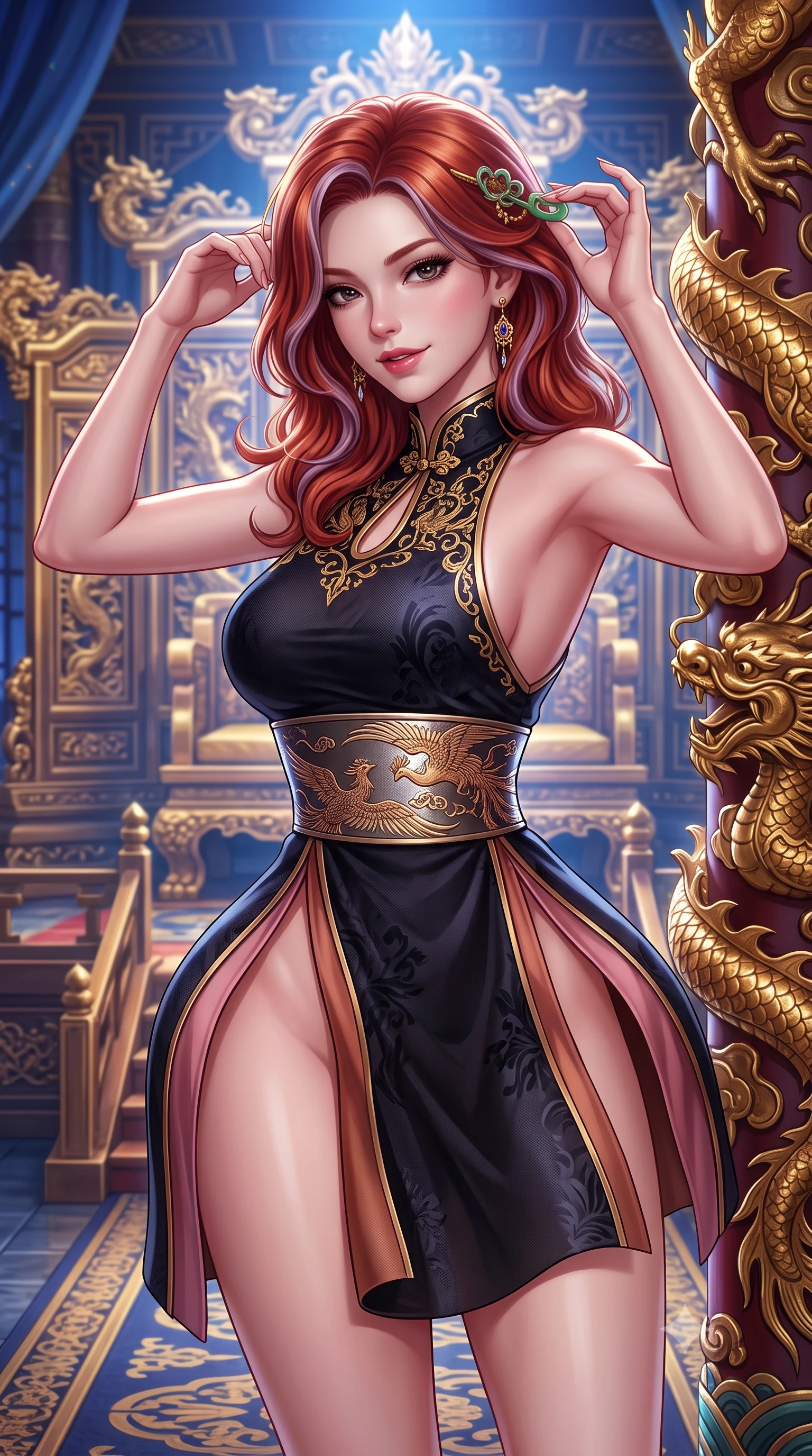 score_9, masterpiece, best quality, ultra-detailed, high-budget anime keyframe, semi-realistic 3D game render, editorial fashion photography, tasteful artistic composition, Caucasian woman. close-up cowboy shot from the waist and thighs up, the character dominates the composition, filling the frame with her large presence. tilting her head with an alluring smile while arching her spine with dancer poise, one hand touching her ornate jade hairpin in a flirtatious S-curve while leaning against an ornate gilded dragon column with hips cocked back, looking into the camera with an intoxicating, commanding bedroom-gaze. The surrounding environment is rendered in vivid detail and crisp panoramic clarity: detailed royal gold embroidery, jewelry sparkle, and monumental palace throne architecture in razor-sharp precision. She has an exceptionally elegant, slender, and willowy female figure with an ultra-slim waist, flat toned midriff, narrow ribcage, and sculpted feminine hips creating an alluring, slim hourglass silhouette without bulk. sharp v-shaped jawline, high-bridge nose, intricate jewel-like dark sparkling almond eyes with depth, thick lashes, glossy parted lips with a natural rose-plum sheen, bright alluring and coquettish smile with bedroom-eyes, exuding both timeless oriental elegance and sovereign high-fashion allure, flawlessly proportioned anatomical accuracy, strict slender model proportions, natural body alignment, perfectly sculpted long slender limbs, ultra-slim waistline, clean dynamic posture without body distortion. wearing a form-contouring high-neck modern cheongsam mini dress in midnight black jacquard silk with daring double side hip slits in dusty rose pink and burnished copper, made of sheer technical micro-mesh with contouring shadow effects, finished with a wide metallic obi sash with intricate embroidered phoenix motifs, the precision-cut side hip slits and low-back scoop framing her graceful spine and the sensual sweep of her slim, toned hips. bathed in majestic royal gold and sapphire light radiating from the holographic throne backdrop. highly saturated vibrant anime colors, detailed shading with soft gradients, rich glossy textures, high-contrast stereoscopic depth, volumetric dynamic lighting, master piece, 9:16 ratio