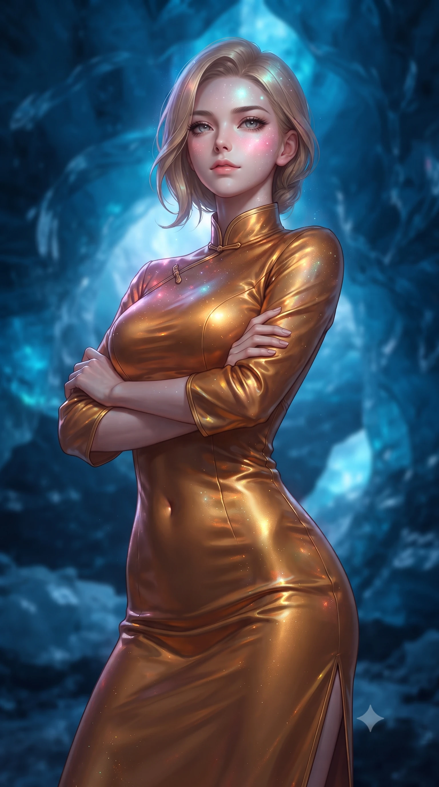 score_9, masterpiece, best quality, ultra-detailed, high-budget anime keyframe, editorial fashion photography, tasteful artistic composition, Korean woman. close-up cowboy shot from the waist and thighs up, the character dominates the composition, filling the frame with her large presence, background elements kept in soft focus. Crossing her arms with serene confidence and chin slightly raised. set against a soft-focus background of inside a massive glacier cave where the ice walls are deep sapphire blue compressed by millennia of pressure light filtering through the ancient ice creating an atmosphere like being submerged in a blue ocean. She has an exceptionally elegant and slender, willowy female figure with an ultra-slim waist, a gracefully sculpted slender torso, and a refined slim physique. sharp v-shaped jawline, high-bridge nose, intricate jewel-like eyes with depth, thick eyelashes, glossy lips with a natural sheen. wearing a form-contouring qipao-inspired midi dress in liquid amber silk with a mandarin collar, catching gold reflections along her curves. starlight and nebula glow casting soft cosmic pink and cyan highlights on her form. 2k, ultra detail, master piece, 9:16 ratio