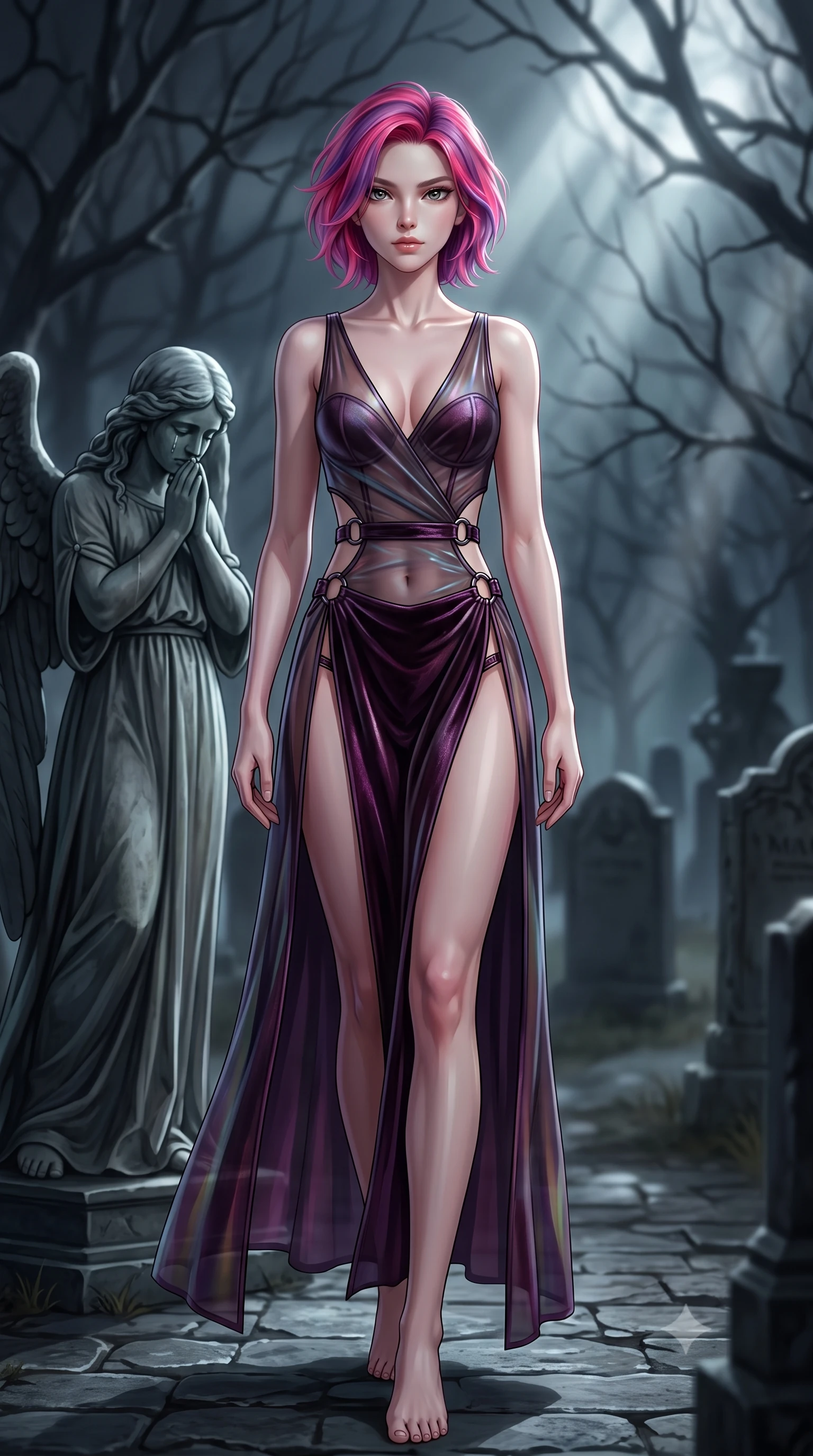 score_9, masterpiece, best quality, ultra-detailed, high-budget anime keyframe, semi-realistic 3D game render, editorial fashion photography, tasteful artistic composition, Caucasian woman. low angle full-body shot from head to toe showing her feet, filling the entire 9:16 vertical frame with her statuesque presence, stretching her vertical silhouette. striding forward in a proud, statuesque motion with a dangerous smolder, hips swaying with fierce allure, dominating the frame from head to toe while pivoting dynamically beside an ancient weeping angel statue as moonlight filters through bare gnarled tree branches. The composition keeps background elements in soft focus with creamy bokeh. pale moonlight filtering through tree branches creating soft, luminous light streaks across a dark backdrop. She has an absolutely perfect, statuesque 8.5-heads proportion, an exceptionally tall and slender model-like female figure with impossibly long slender legs, a toned flat midriff, and an ultra-slim waist. sharp v-shaped jawline, high-bridge nose, intricate jewel-like eyes with depth, thick eyelashes, glossy lips with a natural sheen, flawlessly proportioned anatomical accuracy, strict slender model proportions, natural body alignment, perfectly sculpted long slender limbs, ultra-slim waistline, clean dynamic posture without body distortion. wearing a translucent iridescent dark organza wrap dress with structured bustier boning, plunging neckline, and high-cut dual leg slits in dark plum purple and antique bronze hardware, made of rich crushed velvet that catches deep directional light with soft gradients, detailed with polished gunmetal rings connecting the daring side-waist cutouts, the form-contouring material adhering flawlessly to her sculpted flat midriff and slender torso, emphasizing her long leg lines and perfectly proportioned willowy build. illuminated by crisp pale key light with sharp specular highlights tracing her sculpted collarbones. rich saturated anime colors with deep moody shadows, detailed chiaroscuro shading with soft gradients, rich glossy textures, high-contrast stereoscopic depth, volumetric dynamic shadow lighting, master piece, 9:16 ratio