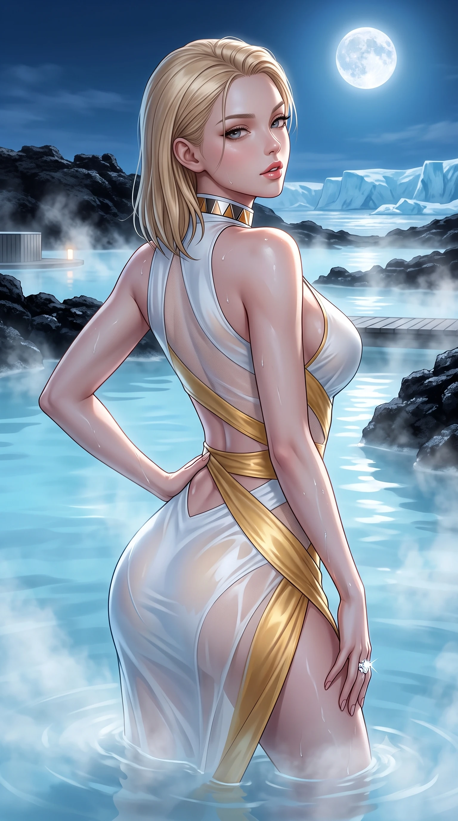 score_9, masterpiece, best quality, ultra-detailed, high-budget anime keyframe, semi-realistic 3D game render, editorial fashion photography, tasteful artistic composition, Korean woman. close-up cowboy shot from the waist and thighs up, the character dominates the composition, filling the frame with her large presence. posing in an alluring rear three-quarter angle, arching her lower back in a pronounced S-curve with one hand on her hip, glancing seductively over her bare shoulder with parted glossy lips while wading through the milky-blue thermal mineral water beneath the full moon, arching her spine in pure pleasure as steam curls around her waist. The surrounding environment is rendered in vivid detail and crisp panoramic clarity. atmospheric nocturnal geothermal chiaroscuro and otherworldly Arctic wellness sanctuary aesthetics in precision. She has an exceptionally elegant, slender, and willowy female figure with an ultra-slim waist, flat toned midriff, narrow ribcage, and sculpted feminine hips creating an alluring, slim hourglass silhouette without bulk. sharp v-shaped jawline, high-bridge nose, intricate jewel-like eyes with depth, thick eyelashes, glossy parted lips with a natural sheen, intensely captivating and seductive bedroom-eyes expression, flawlessly proportioned anatomical accuracy, strict slender model proportions, natural body alignment, perfectly sculpted long slender limbs, ultra-slim waistline, clean dynamic posture without body distortion. wearing a wet-look silk fusion wrap dress with asymmetrical sheer mesh cutouts and high Mandarin collar in pure alabaster white and sun-kissed gold, tailored from liquid silk jersey adhering flawlessly to her slender build, complemented by a bold geometric choker and sparkling cocktail ring, the second-skin form-contouring cut accentuating her sculpted flat midriff, narrow delicate ribcage, and gracefully curvy hips with supermodel precision. surrounded by an otherworldly, serene, and deeply sensual Arctic geothermal nymph aura. highly saturated vibrant anime colors, detailed shading with soft gradients, rich glossy textures, high-contrast stereoscopic depth, volumetric dynamic lighting, master piece, 9:16 ratio