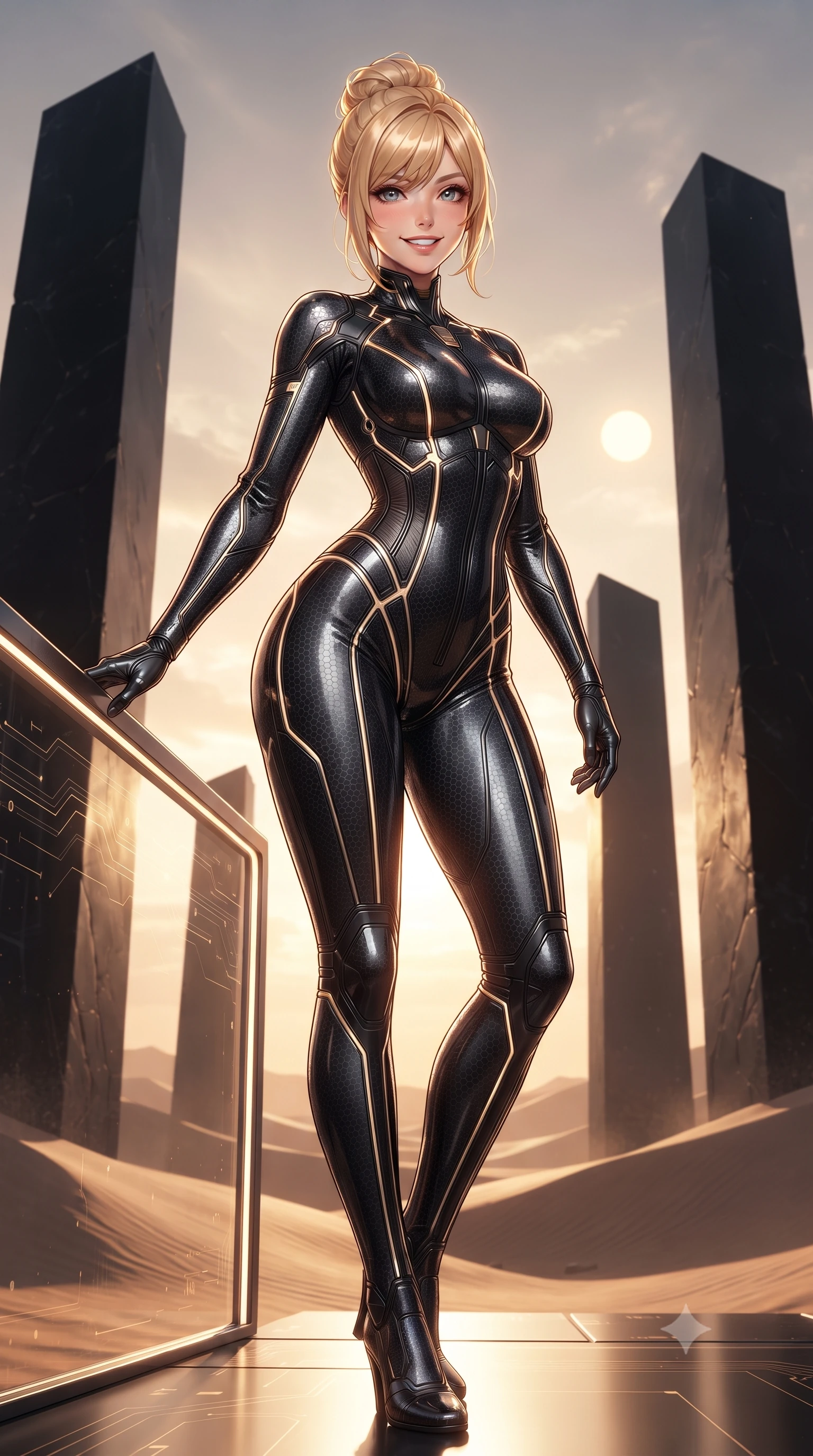 score_9, masterpiece, best quality, ultra-detailed, high-budget anime keyframe, editorial fashion photography, tasteful artistic composition, Caucasian woman. low angle full-body shot from head to toe showing her feet, filling the entire 9:16 vertical frame with her statuesque presence, stretching her vertical silhouette. standing in a tall, confident posture with one hand on a glowing metal railing, stretching her statuesque body as she arches her lower back to emphasize her sculpted feminine hips and slender waist while standing poised between colossal black obsidian monoliths rising from alien dunes, arching her back with sovereign ancient-future grace. The surrounding environment is rendered in vivid detail and crisp panoramic clarity: detailed armor plate texture, golden sunburst highlights on hair, and monumental monolith architecture in razor-sharp clarity. She has an absolutely perfect, statuesque 8.5-heads proportion, an exceptionally tall and slender model-like female figure with impossibly long slender legs, an ultra-slim waist, a flat toned midriff, narrow delicate ribcage, and beautifully sculpted feminine hips creating a graceful, slim hourglass silhouette without any bulky heaviness. sharp v-shaped jawline, high-bridge nose, intricate jewel-like sparkling eyes with depth, thick eyelashes, glossy parted lips with a natural sheen, bright confident smile with an enchanting and coquettish sensual glint, exuding both youthful magnetic charm and sovereign high-tech allure, flawlessly proportioned anatomical accuracy, strict slender model proportions, natural body alignment, perfectly sculpted long slender limbs, ultra-slim waistline, clean dynamic posture without body distortion. wearing an aerodynamic second-skin combat bodysuit with hexagonal carbon weave and glowing circuit seam piping in glossy onyx black and warm champagne gold hardware, crafted from lightweight aerodynamic matte carbon-fiber weave with structural stiffness, finished with delicate carbon-fiber boning framing the narrow waistline, the form-fitting tactical tailoring adhering flawlessly to her sculpted flat midriff and slender torso, emphasizing her long leg lines and perfectly proportioned willowy build. bathed in the warm, dramatic twin-sun sunset light casting long sculptural shadows. ultra-reflective glossy finish, specular highlights, rich textural contrasts, high-contrast stereoscopic depth, volumetric dynamic lighting, 2k, ultra detail, master piece, 9:16 ratio