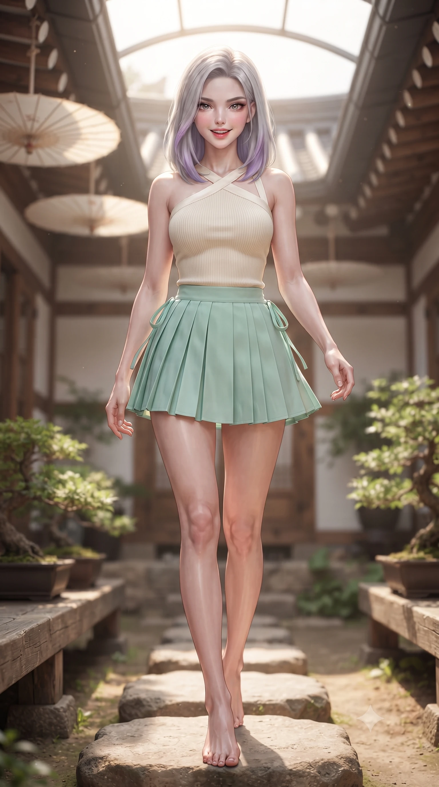 score_9, masterpiece, best quality, ultra-detailed, high-budget anime keyframe, editorial fashion photography, tasteful artistic composition, Caucasian woman. low angle full-body shot from head to toe showing her feet, filling the entire 9:16 vertical frame with her statuesque presence, stretching her vertical silhouette. stepping forward gracefully in mid-motion with a radiant beaming smile, hips swaying in an alluring kinetic rhythm that accentuates her curvy hourglass silhouette and long slender legs while sitting on a low wooden hanok veranda stepping stone surrounded by hanging paper parasols, arching her lower back with a bright playful smile and parted glossy lips. The composition keeps background elements in soft focus with dreamy creamy bokeh. glass atrium skylights and leafy bonsai planters softened in nostalgic urban shallow focus. She has an exceptionally tall and slender model-like 8.5-heads proportion, an ultra-slim waist, a flat toned midriff, narrow delicate ribcage, and beautifully sculpted feminine hips creating a graceful, slim hourglass silhouette without any bulky heaviness, with impossibly long slender legs. sharp v-shaped jawline, high-bridge nose, intricate jewel-like sparkling eyes with depth, thick eyelashes, glossy parted lips with a natural peach sheen, bright cheerful beaming smile with an enchanting and coquettish sensual glint, exuding both youthful cute charm and seductive allure, flawlessly proportioned anatomical accuracy, strict slender model proportions, natural body alignment, perfectly sculpted long slender limbs, ultra-slim waistline, clean dynamic posture without body distortion. wearing an asymmetrical one-shoulder ribbed top paired with a micro-pleated skirt with side hip ties in refreshing mint green and soft vanilla cream, tailored from crisp cotton poplin with clean structural lines, finished with criss-cross back satin straps highlighting her graceful shoulder blades, the precision-cut side openings and low-back scoop framing her graceful spine and the sensual sweep of her slim, toned hips. bathed in warm morning sunlight filtering through open glass courtyard roofs. ultra-reflective glossy finish, specular highlights, rich textural contrasts, high-contrast stereoscopic depth, volumetric dynamic lighting, 2k, ultra detail, master piece, 9:16 ratio