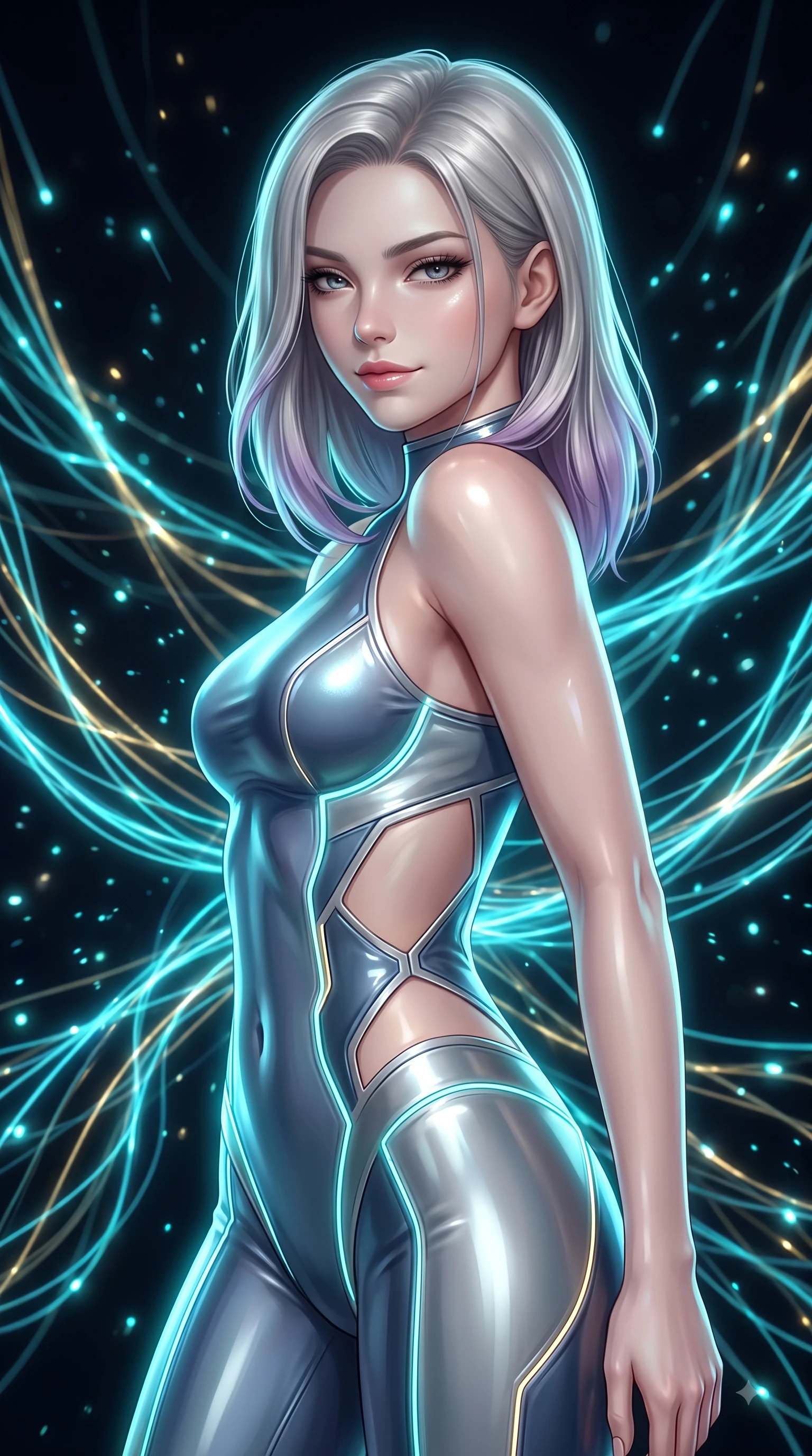 score_9, masterpiece, best quality, ultra-detailed, high-budget anime keyframe, editorial fashion photography, tasteful artistic composition, Caucasian woman. close-up cowboy shot from the waist and thighs up, the character dominates the composition, filling the frame with her large presence, background elements kept in soft focus. Casting a seductive sidelong gaze over her bare shoulder with heavy lashes and a composed half-smile while standing in a dark void woven with thousands of cyan and gold light threads in a seductive pose, glowing fiber optic motes drifting like fireflies in the dark background. She has an exceptionally elegant, slender, and willowy female figure with an ultra-slim waist, a gracefully sculpted slender torso, and a refined silhouette. sharp v-shaped jawline, high-bridge nose, intricate jewel-like eyes with depth, thick eyelashes, glossy lips with a natural sheen, flawlessly proportioned anatomical accuracy, natural body alignment, perfectly sculpted elegant limbs, clean dynamic posture without body distortion. wearing a skin-tight cybernetic bodysuit with glowing neon seams and side cutouts in slate blue and metallic silver, crafted from smooth liquid silk, featuring subtle geometric cutouts that highlight her ultra-slim midriff, the form-contouring material highlighting her ultra-slim waist and long lines. illuminated by the brilliant glow of cyan and gold luminescent plasma threads. ultra-reflective glossy finish, specular highlights, metallic sheen, high-contrast stereoscopic depth, volumetric dynamic lighting, 2k, ultra detail, master piece, 9:16 ratio