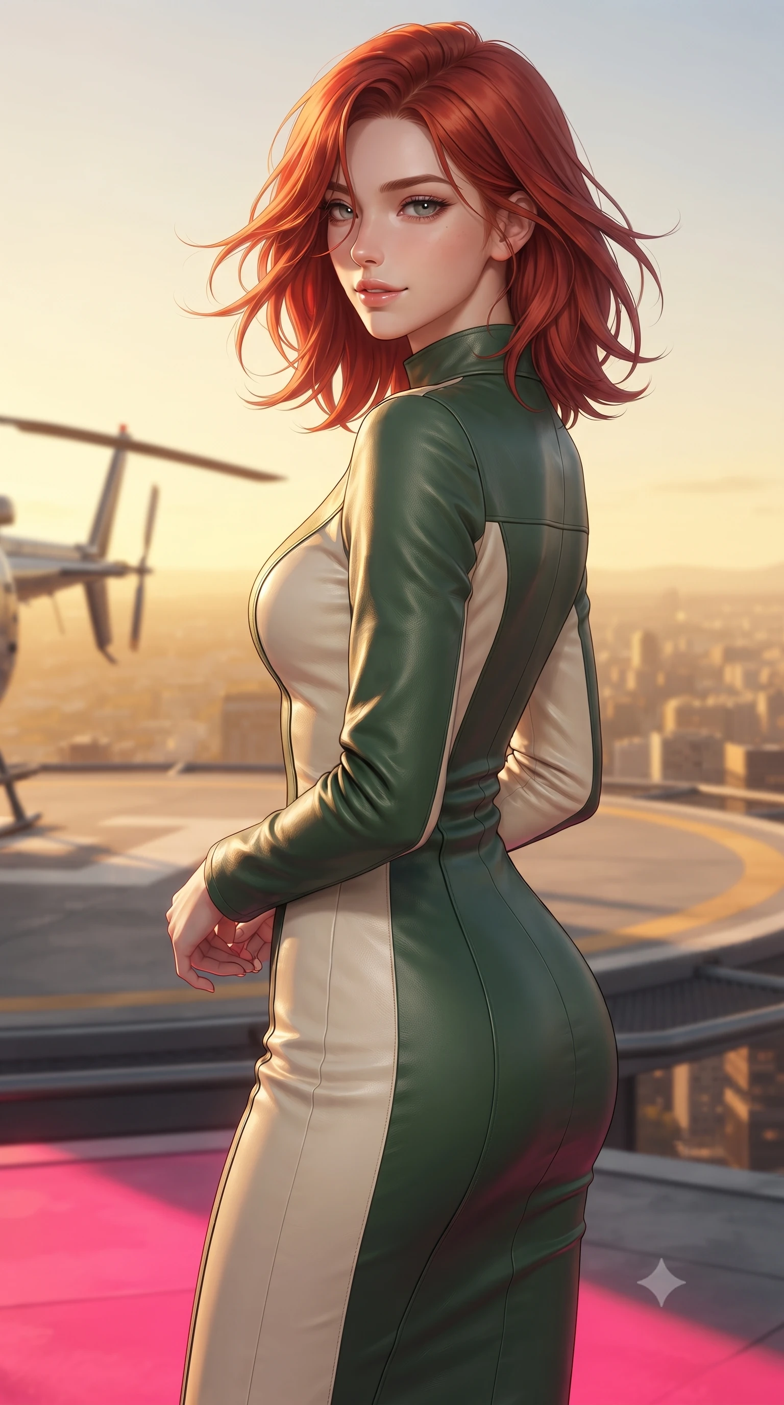 score_9, masterpiece, best quality, ultra-detailed, high-budget anime keyframe, editorial fashion photography, tasteful artistic composition, Korean woman. close-up cowboy shot from the waist and thighs up, the character dominates the composition, filling the frame with her large presence, background elements kept in soft focus. Glancing sidelong over her shoulder with a smoldering half-smile. set against a soft-focus background of a skyscraper helipad bathed in golden hour light with a helicopter's blades slowly winding down the entire city panorama stretching to the horizon in warm amber tones wind catching hair and fabric. She has an exceptionally elegant and slender, willowy female figure with an ultra-slim waist, a gracefully sculpted slender torso, and a refined slim physique. sharp v-shaped jawline, high-bridge nose, intricate jewel-like eyes with depth, thick eyelashes, glossy lips with a natural sheen. wearing a fitted pencil dress in color-blocked forest green and cream leather, contouring her athletic, slender build. dramatic contrast of hot pink furnace glow from below and cool golden light from above. 2k, ultra detail, master piece, 9:16 ratio
