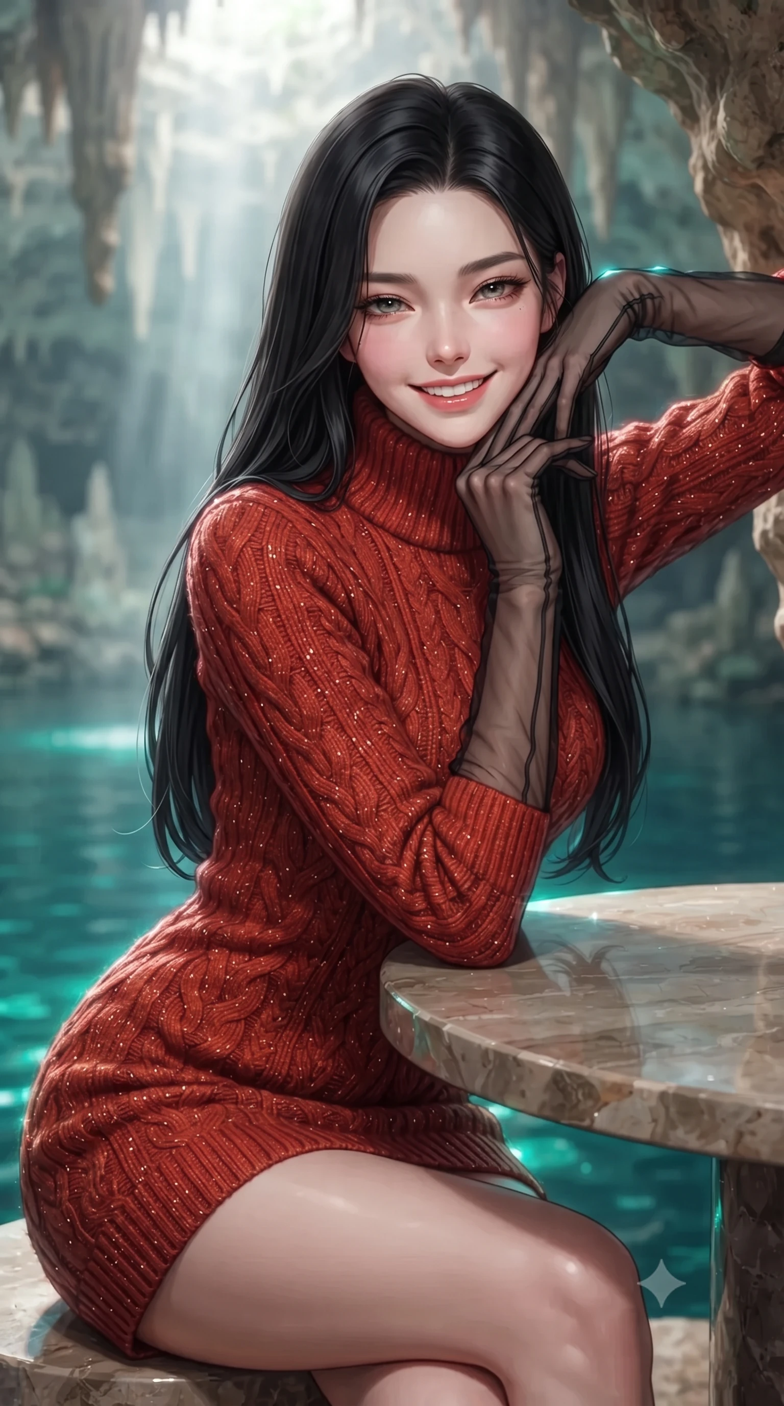 score_9, masterpiece, best quality, ultra-detailed, high-budget anime keyframe, editorial fashion photography, tasteful artistic composition, Korean woman. close-up cowboy shot from the waist and thighs up, the character dominates the composition, filling the frame with her large presence. resting one elbow on the table and supporting her chin, leaning close to the camera with heavy-lidded sparkling eyes and parted lips while leaning against the ancient limestone cavern wall with hips cocked back, looking through cathedral-like mineral stalactites with heavy-lidded bedroom-eyes. The background shows a soft-focus gentle mineral water vapor softened in ancient Mayan sacred cenote shallow focus. She has an exceptionally elegant, slender, and willowy female figure with an ultra-slim waist, flat toned midriff, narrow ribcage, and sculpted feminine hips creating an alluring, slim hourglass silhouette without bulk. sharp v-shaped jawline, high-bridge nose, intricate jewel-like sparkling eyes with depth, thick eyelashes, glossy parted lips with a natural peach sheen, bright cheerful beaming smile with an enchanting and coquettish sensual glint, exuding both youthful cute charm and seductive allure, flawlessly proportioned anatomical accuracy, strict slender model proportions, natural body alignment, perfectly sculpted long slender limbs, ultra-slim waistline, clean dynamic posture without body distortion. wearing an elegant high-collar Nordic merino wool cable-knit sweater dress with belted waistline in Reinefjorden rorbu vermilion red and obsidian granite, woven from structured British tweed with subtle metallic flecks, complemented by sheer opera-length evening gloves tracing her slender arms, the bespoke structured tailoring following the natural line of her 8.5-heads silhouette with refined elegance. illuminated by emerald pool surface specular bounce and sharp gold-cyan dual rim lights sculpting her razor-sharp jawline, narrow waist, and curvy hips. ultra-reflective glossy finish, specular highlights, rich textural contrasts, high-contrast stereoscopic depth, volumetric dynamic lighting, 2k, ultra detail, master piece, 9:16 ratio