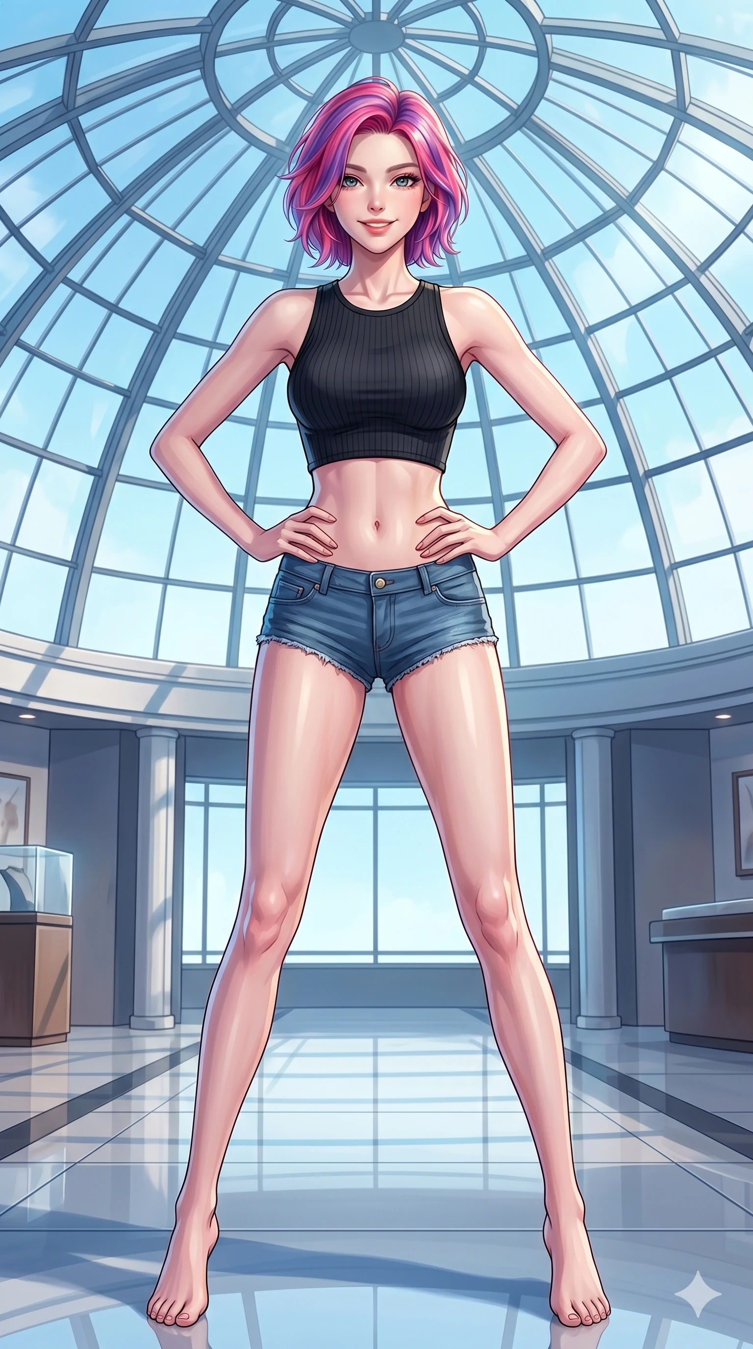 score_9, masterpiece, best quality, ultra-detailed, high-budget anime keyframe, vibrant anime aesthetic, Caucasian woman, strictly human ears. cowboy shot from the thighs up, character and outfit filling the frame for maximum presence. She is standing proud under the glass dome, her lips curved in a warm, radiant smile inside a chic showroom room with polished floors (Code-P20-072). She has an absolutely perfect 8-heads proportion, an exceptionally tall and slender female figure with impossibly long slender legs and an ultra-slim waist. V-shaped jawline, high-bridge nose, intricate jewel-like eyes with depth, thick eyelashes, glossy lips with a natural sheen. wearing a tight crop top showing her bare midriff and micro-shorts. She is cool, bright sky reflections from all sides, outlining her tall slender figure. 2k, ultra detail, master piece, 9:16 ratio