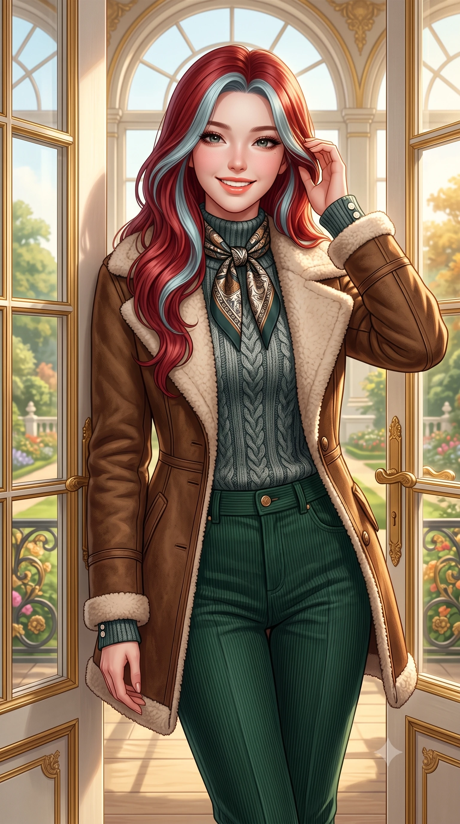score_9, masterpiece, best quality, ultra-detailed, high-budget anime keyframe, semi-realistic 3D game render, editorial fashion photography, tasteful artistic composition, Caucasian woman. close-up cowboy shot from the waist and thighs up, the character dominates the composition, filling the frame with her large presence. gently brushing a lock of hair behind her ear with one hand while flashing a radiant, joyful smile while leaning against the ornate French double doors looking out toward Kensington Gardens with a serene, captivating expression. The surrounding environment is rendered in vivid detail and crisp panoramic clarity: detailed cable-knit cashmere sweater ribbing, silk twilly neck scarf knot, and baroque palace garden craft in razor-sharp precision. She has an exceptionally elegant, slender, and willowy female figure with an ultra-slim waist, flat toned midriff, narrow ribcage, and sculpted feminine hips creating an alluring, slim hourglass silhouette without bulk. sharp v-shaped jawline, high-bridge nose, intricate jewel-like sparkling eyes with depth, thick eyelashes, glossy parted lips with a natural peach sheen, bright cheerful beaming smile with an enchanting and coquettish sensual glint, exuding both youthful cute charm and seductive allure, flawlessly proportioned anatomical accuracy, strict slender model proportions, natural body alignment, perfectly sculpted long slender limbs, ultra-slim waistline, clean dynamic posture without body distortion. wearing a plush shearling-trimmed suede aviator coat layered over a cozy ribbed merino knit sweater and tailored corduroy pants in St. Moritz pine forest emerald and heather grey, tailored from heavyweight double-faced wool with clean architectural edges, finished with fine mother-of-pearl cuff buttons catching the soft ambient light, the bespoke architectural tailoring hugging her natural waistline with sartorial precision, creating a clean graceful hourglass silhouette with tall model elegance. bathed in warm 3200K autumn sunlight streaming through floor-to-ceiling arched south-facing conservatory windows. highly saturated vibrant anime colors, detailed shading with soft gradients, rich glossy textures, high-contrast stereoscopic depth, volumetric dynamic lighting, master piece, 9:16 ratio