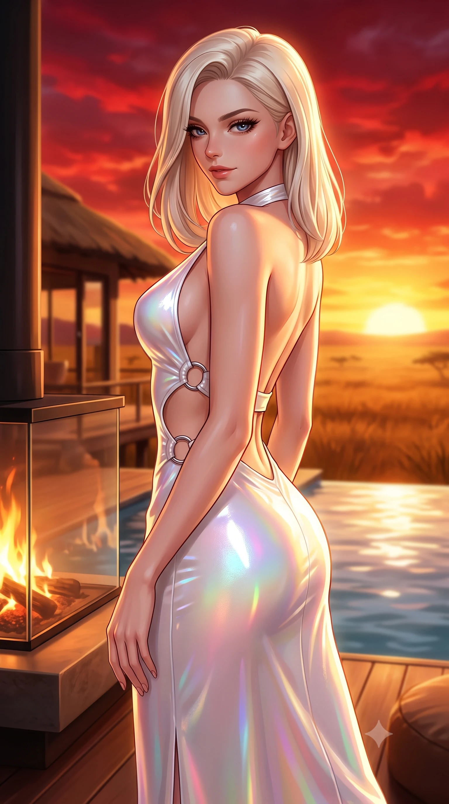 score_9, masterpiece, best quality, ultra-detailed, high-budget anime keyframe, semi-realistic 3D game render, editorial fashion photography, tasteful artistic composition, Caucasian woman. close-up cowboy shot from the waist and thighs up, the character dominates the composition, filling the frame with her large presence. stretching forward with an alluring arch of her spine, glancing over her shoulder with thick eyelashes and a smoldering half-smile while pivoting dynamically near a modern glass fireplace overlooking the vast golden plains under a fiery crimson sky. The composition keeps background elements in soft focus with creamy bokeh. modern safari lodge architecture and plunge pool waters softened in atmospheric shallow focus. She has an exceptionally elegant, slender, and willowy female figure with an ultra-slim waist, a gracefully sculpted slender torso, toned flat midriff, and a refined slim silhouette. sharp v-shaped jawline, high-bridge nose, intricate jewel-like eyes with depth, thick eyelashes, glossy lips with a natural sheen, flawlessly proportioned anatomical accuracy, strict slender model proportions, natural body alignment, perfectly sculpted long slender limbs, ultra-slim waistline, clean dynamic posture without body distortion. wearing a velvet halter-neck midi dress fitting her statuesque contour flawlessly with a Tasteful chest slit and open spine in glistening liquid pearl white with rainbow opalescence, formed from high-gloss patent material with specular light reflections, detailed with polished silver rings connecting the daring side-waist cutouts, the precision-cut daring openings accentuating her delicate midriff, graceful bare collarbones, and ultra-slim feminine waistline. bathed in blazing golden hour sunset radiance and warm amber horizon fill light. highly saturated vibrant anime colors, detailed shading with soft gradients, rich glossy textures, high-contrast stereoscopic depth, volumetric dynamic lighting, master piece, 9:16 ratio