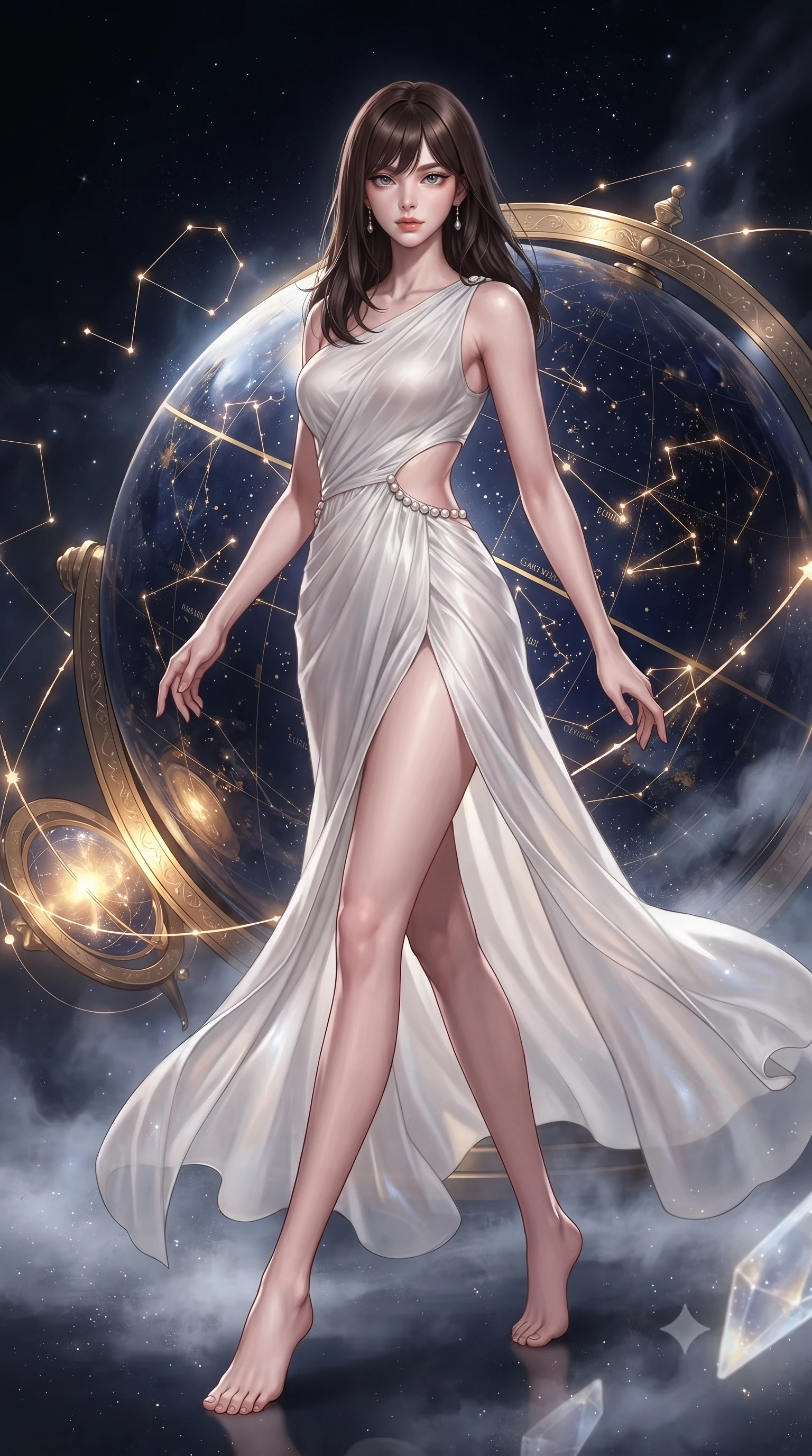 score_9, masterpiece, best quality, ultra-detailed, high-budget anime keyframe, editorial fashion photography, tasteful artistic composition, Korean woman. low angle full-body shot from head to toe showing her feet, filling the entire 9:16 vertical frame with her statuesque presence, stretching her vertical silhouette. forging confidently through the floating crystal mist, holding a poised statuesque stance, resting near a giant celestial globe reflecting deep navy and gold star maps, glowing constellation lines tracing intricate patterns nearby. She has an absolutely perfect, statuesque 8.5-heads proportion, an exceptionally tall and slender model-like female figure with impossibly long slender legs and an ultra-slim waist. sharp v-shaped jawline, high-bridge nose, intricate jewel-like eyes with depth, thick eyelashes, glossy lips with a natural sheen. wearing draped white silk gown featuring graceful waist cutouts and thigh slit in pale opal seafoam, made of sheer opal chiffon overlay, adorned with minimalist pearl hardware framing the waistline, sculpting her athletic slender build with refined precision. illuminated by brilliant starlight and warm golden inner glow from the astrolabe. ultra-reflective glossy finish, specular highlights, metallic sheen, high-contrast stereoscopic depth, volumetric dynamic lighting, 2k, ultra detail, master piece, 9:16 ratio