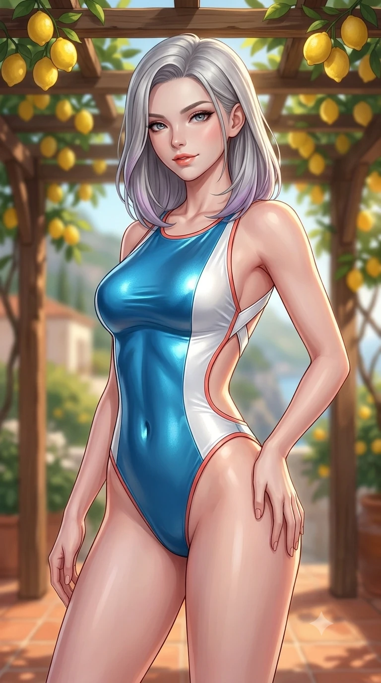 score_9, masterpiece, best quality, ultra-detailed, high-budget anime keyframe, semi-realistic 3D game render, editorial fashion photography, tasteful artistic composition, Caucasian woman. close-up cowboy shot from the waist and thighs up, the character dominates the composition, filling the frame with her large presence. tilting her head with a teasing half-smile, running one hand slowly down the side of her hip in a flirtatious S-curve as ambient light caresses her silhouette while standing in a tall, confident posture beneath the rustic wooden pergola laden with fragrant ripe yellow lemons, stretching her statuesque body. The background shows a soft-focus Amalfi cliffside villa atmosphere softened in fragrant lemon grove shallow focus. She has an exceptionally elegant, slender, and willowy female figure with an ultra-slim waist, flat toned midriff, narrow ribcage, and sculpted feminine hips creating an alluring, slim hourglass silhouette without bulk. sharp v-shaped jawline, high-bridge nose, sparkling eyes with hypnotic seductive depth, thick curled eyelashes, glossy parted lips with a natural dewy peach sheen, alluring bedroom-eyes with an enchanting coquettish smile, exuding magnetic siren charisma and sophisticated glamour, flawlessly proportioned anatomical accuracy, strict slender model proportions, natural body alignment, perfectly sculpted long slender limbs, ultra-slim waistline, clean dynamic posture without body distortion. wearing a liquid metallic lamé one-piece swim dress clinging like a second skin with hip-high side cutouts in Mediterranean cerulean blue and optic white with coral trims, tailored from heavy double-faced silk georgette with an exceptionally fluid drape, featuring an open-back criss-cross harness strap in white leather, the precision-cut side openings and low-back scoop framing her graceful spine and the sensual sweep of her slim, toned hips. illuminated by terracotta tiled floor bounce and sharp lemon-gold rim lights defining her razor-sharp jawline, narrow waist, and curvy hips. highly saturated vibrant anime colors, detailed shading with soft gradients, rich glossy textures, high-contrast stereoscopic depth, volumetric dynamic lighting, master piece, 9:16 ratio