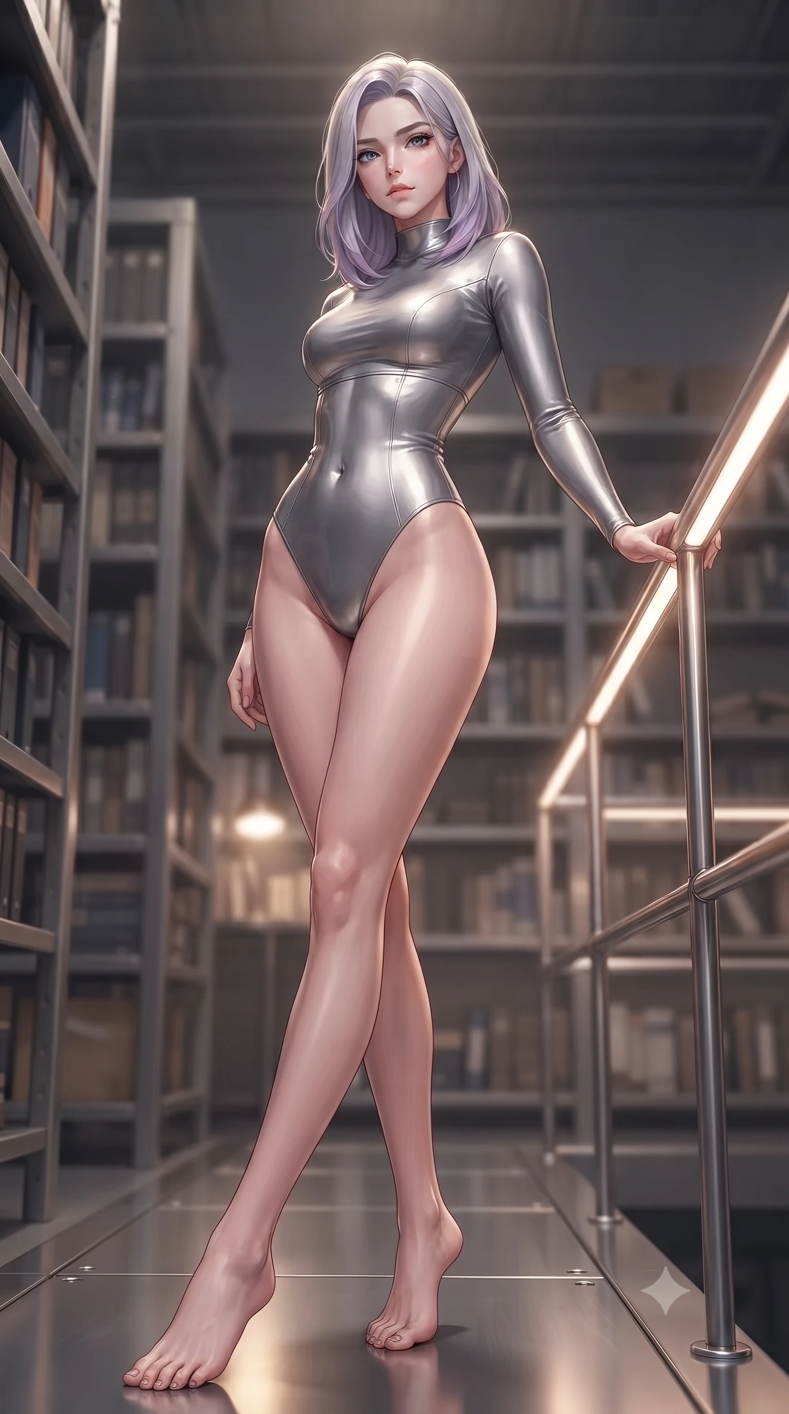 score_9, masterpiece, best quality, ultra-detailed, high-budget anime keyframe, editorial fashion photography, tasteful artistic composition, Caucasian woman. low angle full-body shot from head to toe showing her feet, filling the entire 9:16 vertical frame with her statuesque presence, stretching her vertical silhouette. standing in a tall, confident posture with one hand on a glowing metal railing, stretching her statuesque body, the background shows a soft-focus a citadel library room with metal shelves, manuals, and technical archives. She has an absolutely perfect, statuesque 8.5-heads proportion, an exceptionally tall and slender model-like female figure with impossibly long slender legs and an ultra-slim waist. sharp v-shaped jawline, high-bridge nose, intricate jewel-like eyes with depth, thick eyelashes, glossy lips with a natural sheen. wearing a body-hugging body-hugging titanium-sheen mock-neck bodysuit, featuring elastic compression panels at the waist. soft warm reading lights creating a quiet, focused, and meditative mood. ultra-reflective glossy finish, specular highlights, metallic sheen, high-contrast stereoscopic depth, volumetric dynamic lighting, 2k, ultra detail, master piece, 9:16 ratio