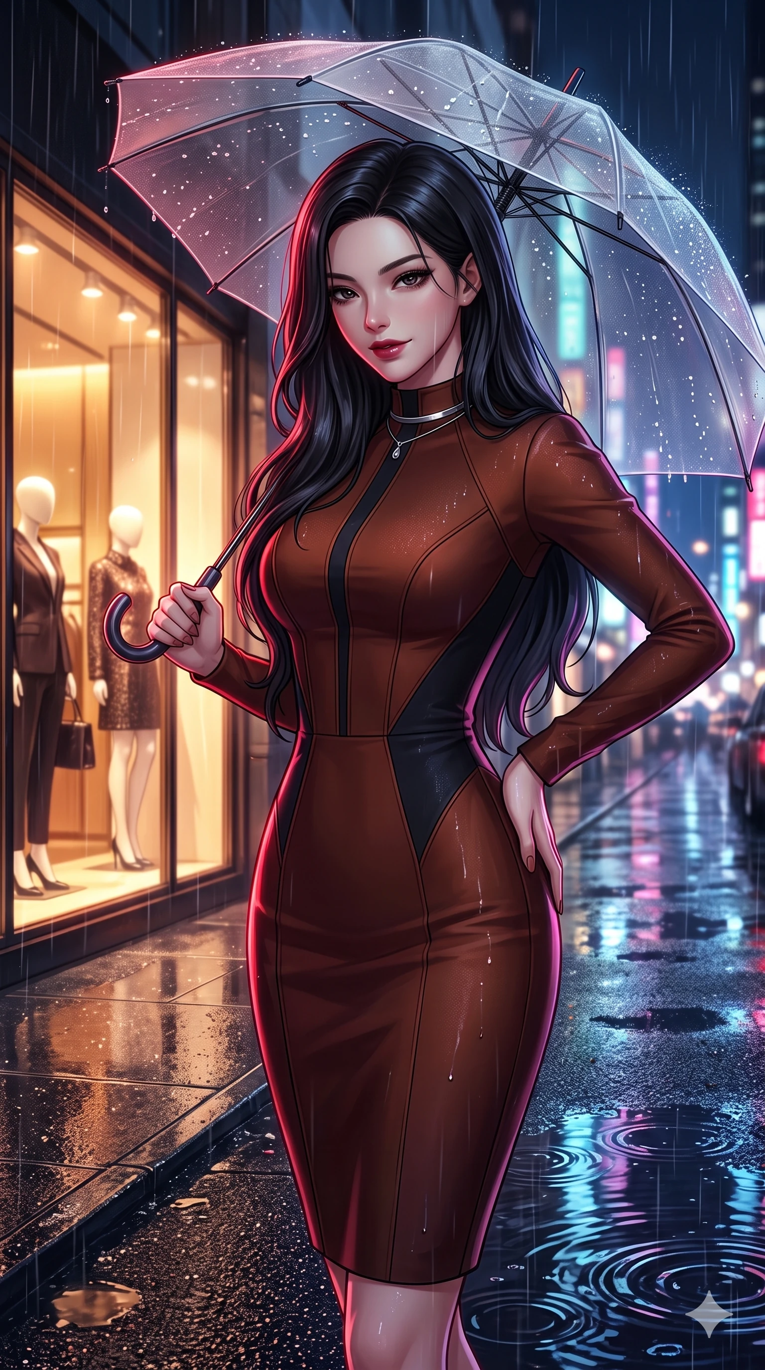 score_9, masterpiece, best quality, ultra-detailed, high-budget anime keyframe, semi-realistic 3D game render, editorial fashion photography, tasteful artistic composition, Korean woman. close-up cowboy shot from the waist and thighs up, the character dominates the composition, filling the frame with her large presence. pausing beside an illuminated luxury boutique window with hips cocked back, glancing back with an enchanting, dangerous smile through falling rain while glancing down over lowered lashes before meeting the camera with quiet, devastating intensity, her tailored outfit tracing her ultra-slim waist and hips. The surrounding environment is rendered in vivid detail and crisp panoramic clarity: sharp wet asphalt grit texture, rain droplets beading on the translucent umbrella canopy, and puddle ripple reflections in deep focus. She has an exceptionally elegant, slender, and willowy female figure with an ultra-slim waist, flat toned midriff, narrow ribcage, and sculpted feminine hips creating an alluring, slim hourglass silhouette without bulk. sharp v-shaped jawline, high-bridge nose, intricate jewel-like dark sparkling eyes with dangerous depth, thick curled eyelashes, glossy parted lips with a rich wine sheen, smoldering seductive half-smile with bedroom-eyes, exuding effortless superiority and intoxicating dark allure, flawlessly proportioned anatomical accuracy, strict slender model proportions, natural body alignment, perfectly sculpted long slender limbs, ultra-slim waistline, clean dynamic posture without body distortion. wearing a bespoke structured mock-neck evening sheath dress with crisp geometric seams in dark burnt copper and matte black, tailored from fine lightweight midnight wool crepe with crisp architectural structure, finished with a minimalist chrome choker and a single teardrop pendant, the impeccably tailored cut draping gracefully along her slender figure with aristocratic noir poise. illuminated by wet pavement neon puddle bounce and sharp scarlet-magenta rim lights sculpting her razor-sharp jawline, narrow waist, and curvy hips. highly saturated vibrant anime colors, detailed shading with soft gradients, rich glossy textures, high-contrast stereoscopic depth, volumetric dynamic lighting, master piece, 9:16 ratio