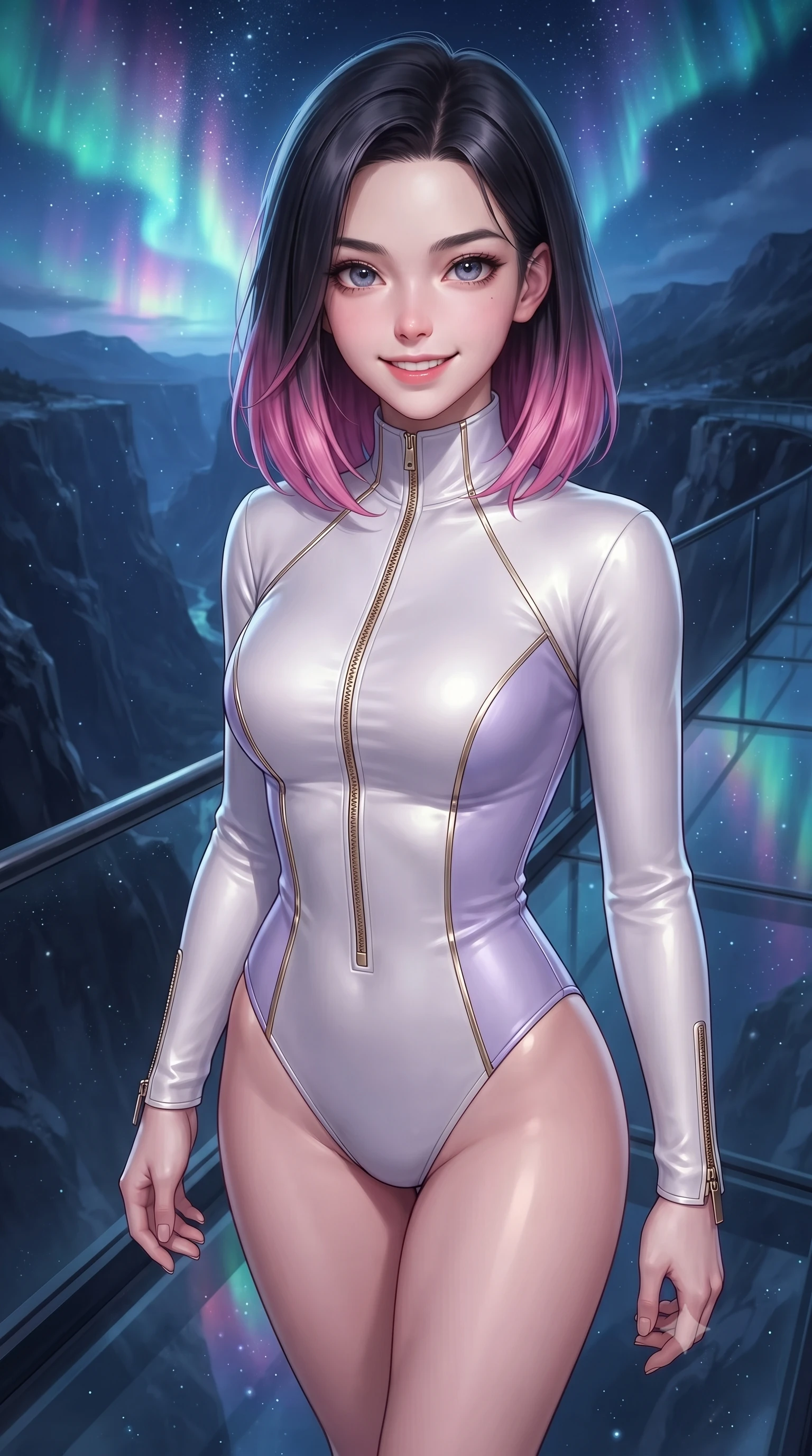 score_9, masterpiece, best quality, ultra-detailed, high-budget anime keyframe, editorial fashion photography, tasteful artistic composition, Korean woman. close-up cowboy shot from the waist and thighs up, the character dominates the composition, filling the frame with her large presence, background elements kept in soft focus. Smiling with quiet, magnetic self-assurance directly into the camera, navigating a glass skywalk suspended over a dark mountain canyon with aurora, fine starlight dust floating in the cool mountain night air. She has an exceptionally elegant, slender, and willowy female figure with an ultra-slim waist, a gracefully sculpted slender torso, and a refined silhouette. sharp v-shaped jawline, high-bridge nose, intricate jewel-like eyes with depth, thick eyelashes, glossy lips with a natural sheen. wearing sleek high-neck ribbed activewear bodysuit in pearl white in pastel lavender violet, made of polished ivory leather, finished with metallic gold boning and sleek zipper points, following her slender form with tailored precision. bathed in cold silver starlight and vibrant polar light reflections. highly saturated vibrant anime colors, detailed shading with soft gradients, rich glossy textures, high-contrast stereoscopic depth, volumetric dynamic lighting, master piece, 9:16 ratio