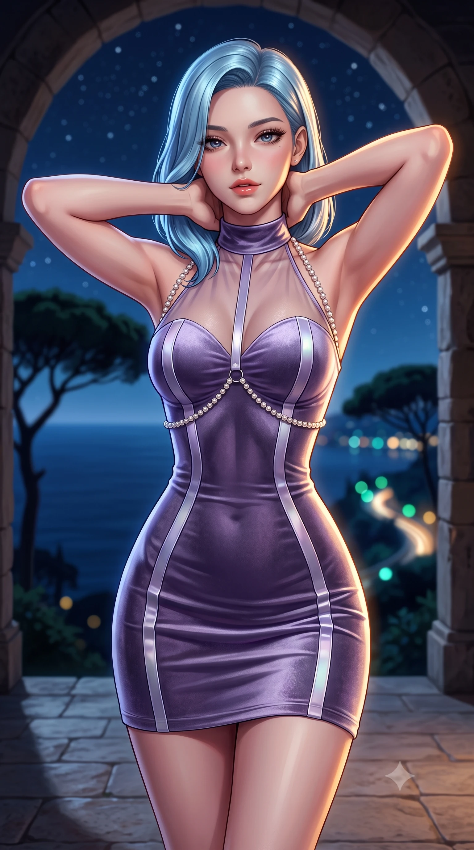 score_9, masterpiece, best quality, ultra-detailed, high-budget anime keyframe, semi-realistic 3D game render, editorial fashion photography, tasteful artistic composition, Korean woman. close-up cowboy shot from the waist and thighs up, the character dominates the composition, filling the frame with her large presence. resting both hands lightly behind her neck with elbows raised, arching her spine to highlight her narrow waist, flat midriff, and breathtaking collarbones while standing framed beside the famous Moorish-Romanesque stone arch of the clifftop terrace, arching her back with breathtaking aristocratic poise high above the sea. The background shows a soft-focus infinite dark Tyrrhenian sea horizon merging with starry night sky, ancient umbrella pine silhouettes, and distant coastal road headlights blurred into midnight blue, emerald, and gold bokeh. She has an exceptionally elegant, slender, and willowy female figure with an ultra-slim waist, flat toned midriff, narrow ribcage, and sculpted feminine hips creating an alluring, slim hourglass silhouette without bulk. sharp v-shaped jawline, high-bridge nose, sparkling eyes with hypnotic seductive depth, thick curled eyelashes, glossy parted lips with a natural dewy peach sheen, alluring bedroom-eyes with an enchanting coquettish smile, exuding magnetic siren charisma and sophisticated glamour, flawlessly proportioned anatomical accuracy, strict slender model proportions, natural body alignment, perfectly sculpted long slender limbs, ultra-slim waistline, clean dynamic posture without body distortion. wearing a provocative high-neck sheer illusion cocktail dress with liquid satin ribbons contouring her curves in dusk lavender and iridescent silver, tailored from ultra-plush velvet with rich tactile depth and deep shadow gradients, accented with a pearl-drop body harness subtly framing her dewy collarbones and spine, the form-contouring silhouette accentuating her sculpted flat midriff, narrow delicate ribcage, and gracefully curvy hips with intoxicating allure. illuminated by stone terrace reflection bounce and sharp warm-gold rim lights sculpting her razor-sharp jawline, narrow waist, and curvy hips. highly saturated vibrant anime colors, detailed shading with soft gradients, rich glossy textures, high-contrast stereoscopic depth, volumetric dynamic lighting, master piece, 9:16 ratio
