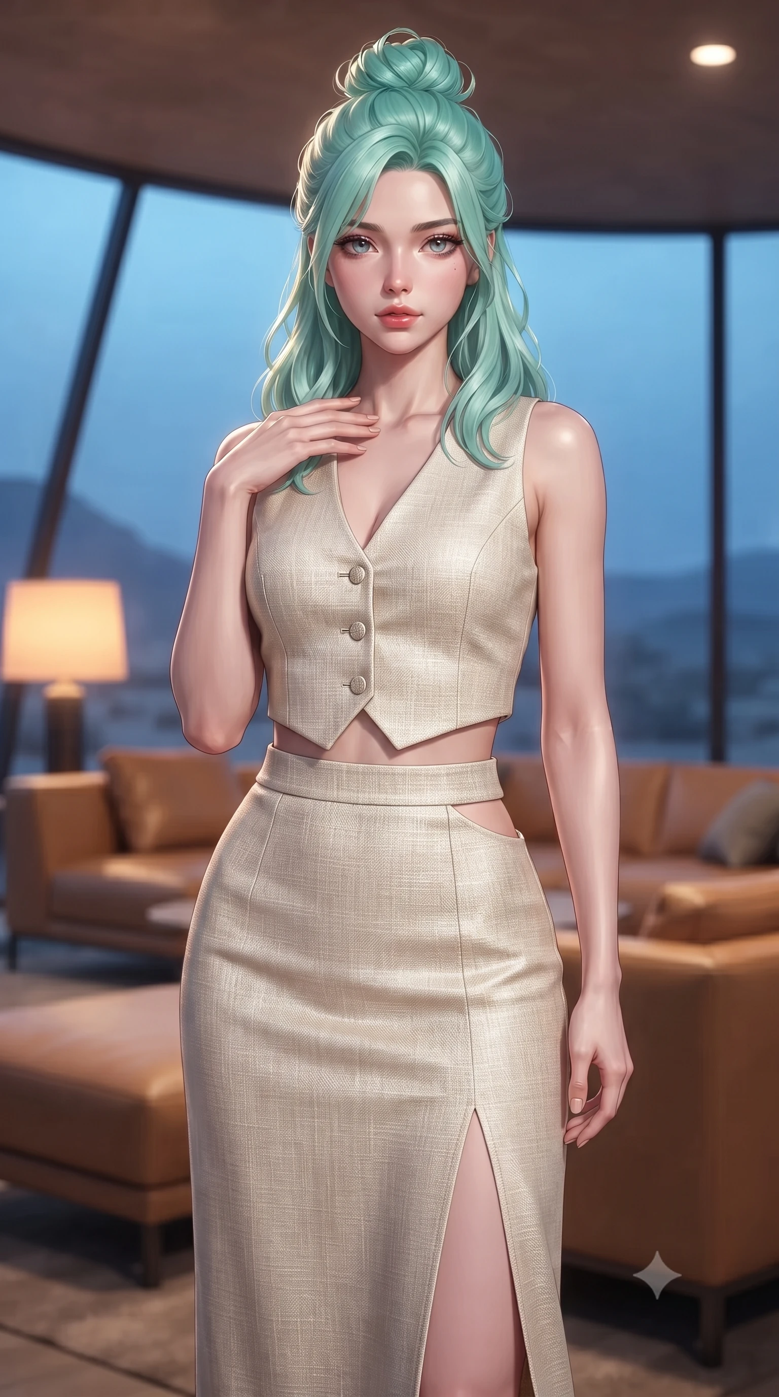 score_9, masterpiece, best quality, ultra-detailed, high-budget anime keyframe, editorial fashion photography, tasteful artistic composition, Japanese woman. close-up cowboy shot from the waist and thighs up, the character dominates the composition, filling the frame with her large presence, background elements kept in soft focus. standing with one hand resting on her collarbone, looking at the viewer with bedroom-eyes the background shows a soft-focus a modern desert dome lounge with leather sofas and large panoramic windows. She has an exceptionally elegant, slender, and willowy female figure with an ultra-slim waist, a gracefully sculpted slender torso, and a refined silhouette. sharp v-shaped jawline, high-bridge nose, intricate jewel-like eyes with depth, thick eyelashes, glossy lips with a natural sheen. wearing a slim-fit tailored vacation outfit of a linen crop vest and a matching side-slit midi skirt, revealing a subtle waist cutout. cool blue twilight sky glow contrasting with the warm amber glow of a bedside lamp. ultra-reflective glossy finish, specular highlights, metallic sheen, high-contrast stereoscopic depth, volumetric dynamic lighting, 2k, ultra detail, master piece, 9:16 ratio