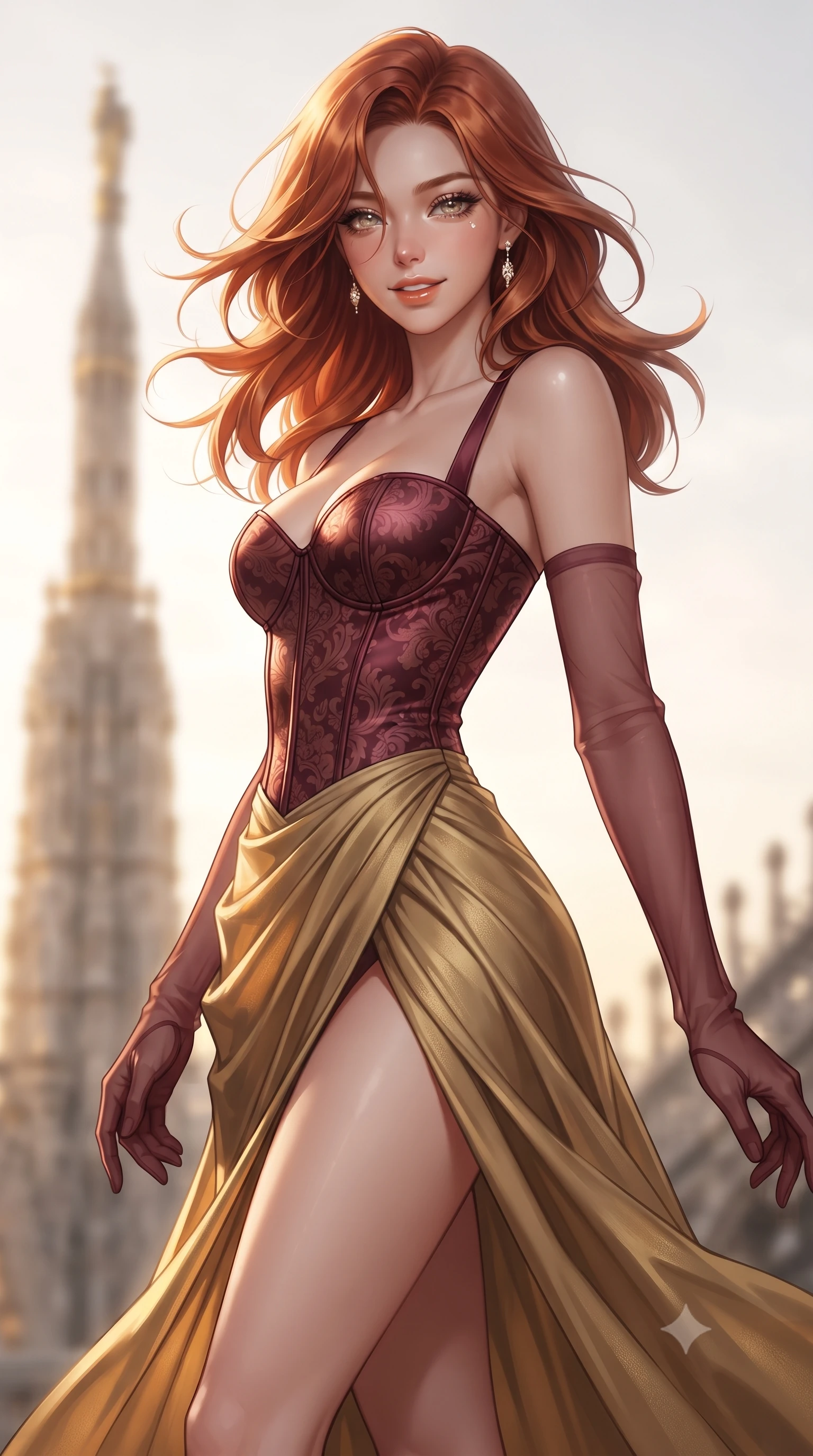 score_9, masterpiece, best quality, ultra-detailed, high-budget anime keyframe, editorial fashion photography, tasteful artistic composition, Korean woman. close-up cowboy shot from the waist and thighs up, the character dominates the composition, filling the frame with her large presence. turning slowly with an enchanting smoldering smile, her glossy hair tossing in the breeze as her hips angle gracefully in a captivating contrapposto while twisting her slender torso in an alluring contrapposto stance, golden sunset light filtering through marble filigree onto her narrow waist. The background shows a soft-focus gilded Madonnina spire softened in historic cathedral rooftop sanctuary shallow focus. She has an exceptionally elegant, slender, and willowy female figure with an ultra-slim waist, flat toned midriff, narrow ribcage, and sculpted feminine hips creating an alluring, slim hourglass silhouette without bulk. sharp v-shaped jawline, high-bridge nose, intricate jewel-like sparkling eyes with depth, thick eyelashes, glossy parted lips with a natural peach sheen, bright cheerful beaming smile with an enchanting and coquettish sensual glint, exuding both youthful cute charm and seductive allure, flawlessly proportioned anatomical accuracy, strict slender model proportions, natural body alignment, perfectly sculpted long slender limbs, ultra-slim waistline, clean dynamic posture without body distortion. wearing a structured satin corset bustier paired with a draped high-slit wrap chiffon maxi skirt revealing her long slender legs in Italian baroque bordeaux wine and antique gilded gold, made of fluid liquid jersey with seamless sculpting hold and smooth contours, complemented by sheer opera-length evening gloves tracing her slender arms, the high-slit wrap tailoring accentuating her ultra-slim waistline and the enchanting curve of her feminine hips with alluring seductive charm. illuminated by white marble bounce fill and razor-sharp platinum-gold rim lights defining her dewy collarbones, ultra-slim waist, and curvy hips. ultra-reflective glossy finish, specular highlights, rich textural contrasts, high-contrast stereoscopic depth, volumetric dynamic lighting, 2k, ultra detail, master piece, 9:16 ratio