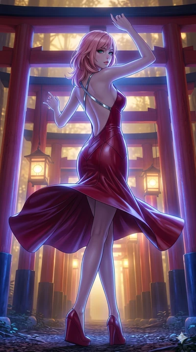 score_9, masterpiece, best quality, ultra-detailed, high-budget anime keyframe, editorial fashion photography, tasteful artistic composition, Japanese woman. low angle full-body shot from head to toe showing her feet, filling the entire 9:16 vertical