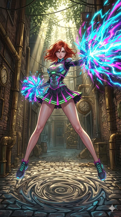 score_9, masterpiece, best quality, ultra-detailed, Set A: High-budget Anime Keyframe, Caucasian (human ears) woman. Low angle cowboy shot filling the entire 9:16 frame with her statuesque presence. Theme: Urban Decay. unleashing a massive energy wav
