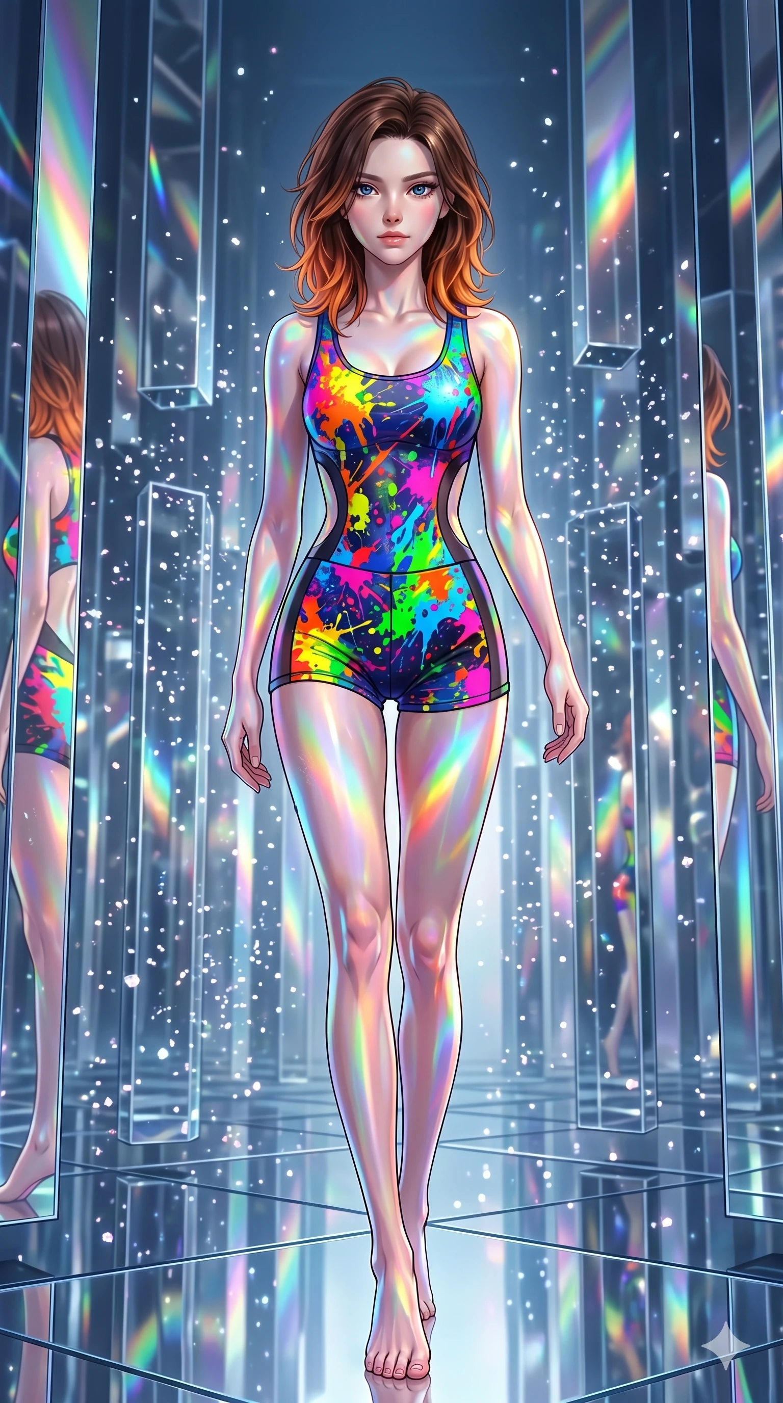 score_9, masterpiece, best quality, ultra-detailed, high-budget anime keyframe, editorial fashion photography, tasteful artistic composition, Korean woman. low angle full-body shot from head to toe showing her feet, filling the entire 9:16 vertical frame with her statuesque presence, stretching her vertical silhouette. stepping gracefully onto in a kinetic light-sculpture mirror maze with floating chromium mirror pillars while thousands of shimmering crystal dust particles dance in the air. She has an absolutely perfect 8-heads proportion, an exceptionally tall and slender female figure with impossibly long slender legs and an ultra-slim waist. V-shaped jawline, high-bridge nose, intricate jewel-like eyes with depth, thick eyelashes, glossy lips with a natural sheen.. wearing a liquid acrylic splash bodysuit, featuring a vivid fluorescent acrylic-paint-splattered structured athletic top with matching high-waist shorts and opaque side detailing. illuminated by an ethereal prismatic light source that casts rainbow patterns on her skin and clothing. 2k, ultra detail, master piece, 9:16 ratio