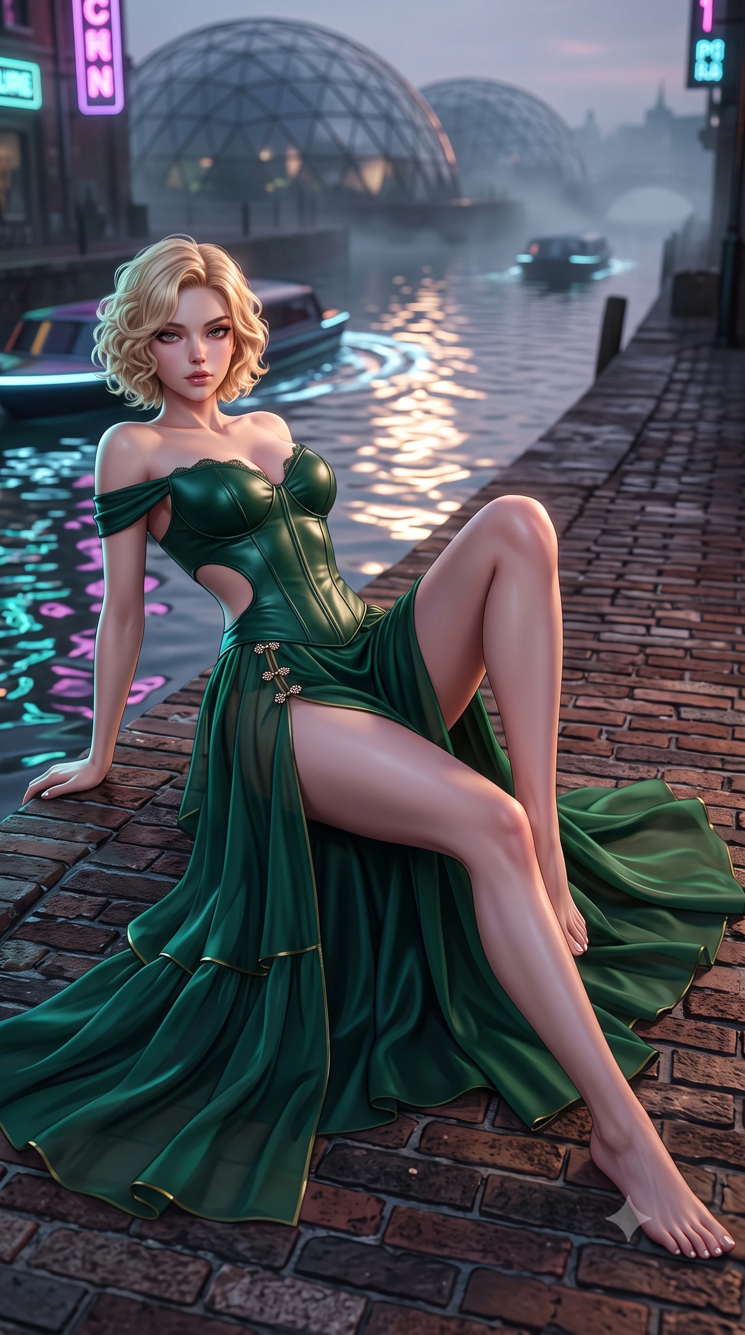 score_9, masterpiece, best quality, ultra-detailed, high-budget anime keyframe, semi-realistic 3D game render, editorial fashion photography, tasteful artistic composition, Caucasian woman. low angle full-body shot from head to toe showing her feet, filling the entire 9:16 vertical frame with her statuesque presence, stretching her vertical silhouette. reclining on her side in an elegant Cleopatra pose with one knee drawn up, the dramatic contour of her rounded hips and long slender legs commanding the 9:16 vertical frame while turning in an alluring contrapposto stance along the historic brick waterfront, her high-slit dress fluttering as passing electric watercraft stir luminous ripples. The composition keeps background elements in soft focus with creamy bokeh. curved geodesic dome frames and canal mist softened in romantic cyberpunk shallow focus. She has an exceptionally tall and slender model-like 8.5-heads proportion, an ultra-slim waist, a flat toned midriff, narrow delicate ribcage, and beautifully sculpted feminine hips creating a graceful, slim hourglass silhouette without any bulky heaviness, with impossibly long slender legs. sharp v-shaped jawline, high-bridge nose, intricate jewel-like eyes with depth, thick eyelashes, glossy parted lips with a natural sheen, intensely captivating and seductive bedroom-eyes expression, flawlessly proportioned anatomical accuracy, strict slender model proportions, natural body alignment, perfectly sculpted long slender limbs, ultra-slim waistline, clean dynamic posture without body distortion. wearing an off-shoulder French court corset bodice dress paired with a tiered translucent chiffon slit skirt in deep emerald green satin and gold hardware, formed from supple second-skin lambskin leather with specular sheen, finished with an ultra-high side slit secured by miniature jeweled clasps, the precision-cut side openings and low-back scoop framing her graceful spine and the sensual sweep of her slim, toned hips. illuminated by shimmering water surface specular reflections accentuating her sculpted midriff, narrow waist, and curvy hips. highly saturated vibrant anime colors, detailed shading with soft gradients, rich glossy textures, high-contrast stereoscopic depth, volumetric dynamic lighting, master piece, 9:16 ratio