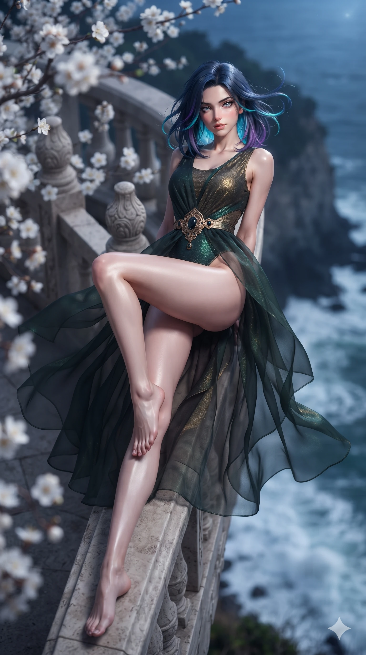score_9, masterpiece, best quality, ultra-detailed, high-budget anime keyframe, editorial fashion photography, tasteful artistic composition, Caucasian woman. low angle full-body shot from head to toe showing her feet, filling the entire 9:16 vertical frame with her statuesque presence, stretching her vertical silhouette. reclining on her side in an elegant Cleopatra pose with one knee drawn up, the dramatic contour of her rounded hips and long slender legs commanding the 9:16 vertical frame while standing tall beside blooming white plum blossom branches, arching her spine with sovereign supermodel grace as sea breezes whip through her hair. The background shows a soft-focus cascading white plum blossoms, crashing ocean surf far below, and endless midnight sea horizon blurred into pure white, sapphire, and cobalt bokeh. She has an absolutely perfect, statuesque 8.5-heads proportion, an exceptionally tall and slender model-like female figure with impossibly long slender legs, an ultra-slim waist, a flat toned midriff, narrow delicate ribcage, and beautifully sculpted feminine hips creating a graceful, slim hourglass silhouette without any bulky heaviness. sharp v-shaped jawline, high-bridge nose, sparkling eyes with hypnotic seductive depth, thick curled eyelashes, glossy parted lips with a natural dewy peach sheen, alluring bedroom-eyes with an enchanting coquettish smile, exuding magnetic siren charisma and sophisticated glamour, flawlessly proportioned anatomical accuracy, strict slender model proportions, natural body alignment, perfectly sculpted long slender limbs, ultra-slim waistline, clean dynamic posture without body distortion. wearing a provocative sheer nobang organza wrap overskirt layered over a form-fitting silk leotard with bare hip flanks in dark emerald forest and brushed antique gold, woven from metallic lurex thread casting radiant starlight glints across her silhouette, accented with an authentic engraved gold medallion and obsidian cabochons, the bespoke structured tailoring following the natural line of her 8.5-heads silhouette with refined elegance. bathed in brilliant 4500K celestial moonlight washing across white plum blossoms and carved stone balustrades. ultra-reflective glossy finish, specular highlights, rich textural contrasts, high-contrast stereoscopic depth, volumetric dynamic lighting, 2k, ultra detail, master piece, 9:16 ratio
