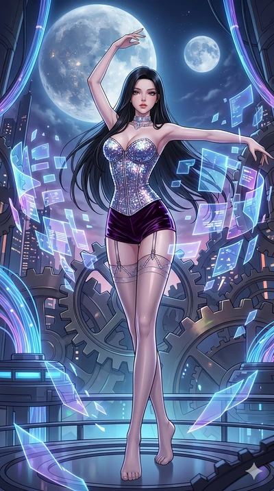 score_9, masterpiece, best quality, ultra-detailed, high-budget anime movie keyframe, cinematic anime lighting, intricate line art, Japanese woman. Dynamic full-body shot stretching the vertical silhouette across the 9:16 frame. dancing with data-sha