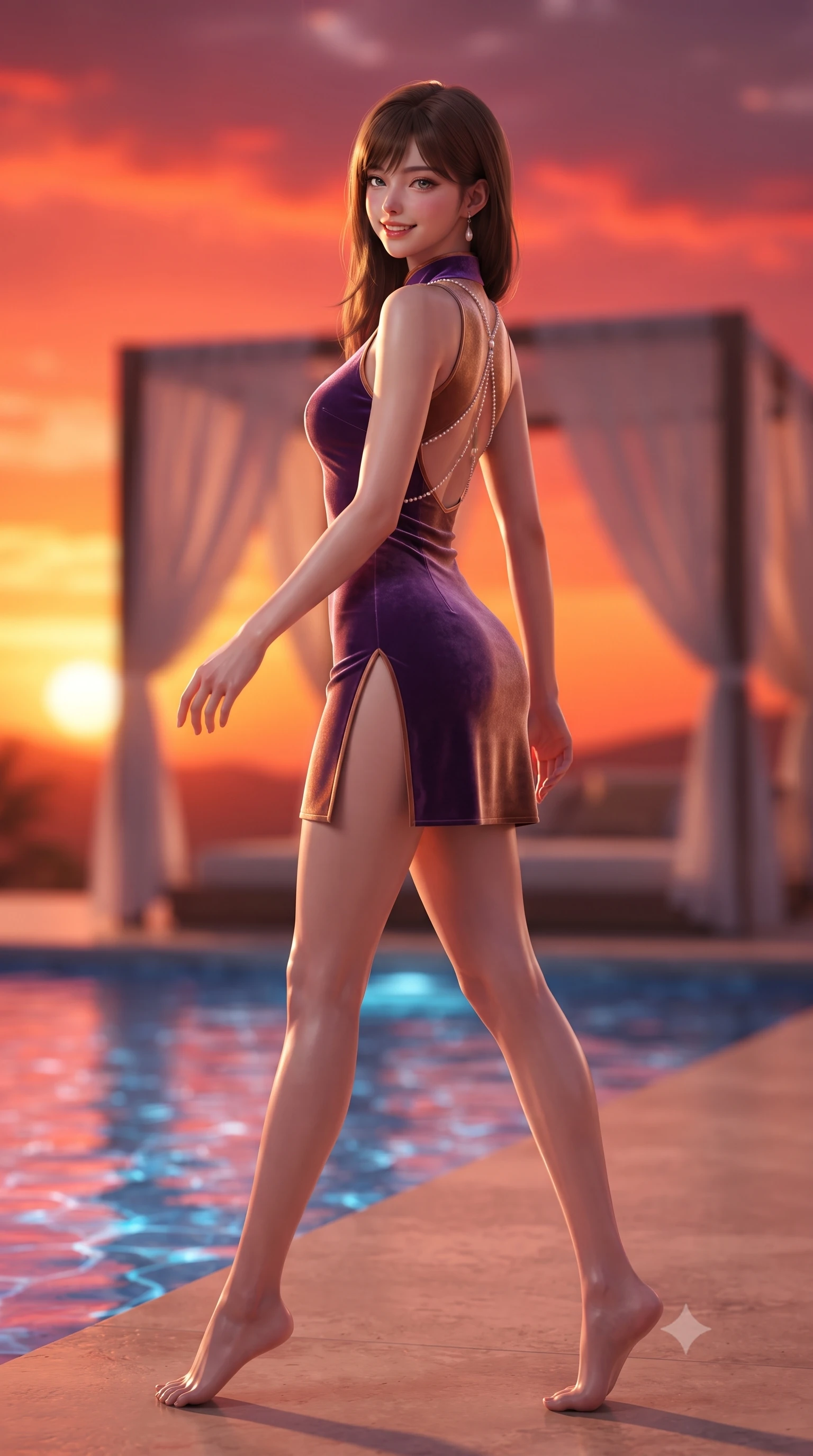 score_9, masterpiece, best quality, ultra-detailed, high-budget anime keyframe, editorial fashion photography, tasteful artistic composition, Korean woman. low angle full-body shot from head to toe showing her feet, filling the entire 9:16 vertical frame with her statuesque presence, stretching her vertical silhouette. walking along the terrace with poise, looking back over her bare shoulder with an irresistible smoldering bedroom-gaze while twisting her slender torso in an alluring contrapposto stance, crimson sunset and sapphire water caustics wrapping around her flat midriff and hips. The background shows a soft-focus floating silk pool cabana drapery softened in ultra-luxury futuristic aerial shallow focus. She has an exceptionally tall and slender model-like 8.5-heads proportion, an ultra-slim waist, a flat toned midriff, narrow delicate ribcage, and beautifully sculpted feminine hips creating a graceful, slim hourglass silhouette without any bulky heaviness, with impossibly long slender legs. sharp v-shaped jawline, high-bridge nose, intricate jewel-like sparkling eyes with depth, thick eyelashes, glossy parted lips with a natural peach sheen, bright cheerful beaming smile with an enchanting and coquettish sensual glint, exuding both youthful cute charm and seductive allure, flawlessly proportioned anatomical accuracy, strict slender model proportions, natural body alignment, perfectly sculpted long slender limbs, ultra-slim waistline, clean dynamic posture without body distortion. wearing a modern cheongsam-inspired form-fitting sleeveless mini dress with mandarin collar and dramatic hip-high side slits in Mirage sunset amethyst purple and warm bronze, tailored from ultra-plush silk velvet with rich tactile depth and deep shadow gradients, accented with a pearl-drop body harness subtly framing her dewy collarbones and spine, the high-slit wrap tailoring accentuating her ultra-slim waistline and the enchanting curve of her feminine hips with alluring seductive charm. bathed in the blinding, saturated scarlet and orange sunset radiance of the Arabian desert sky. ultra-reflective glossy finish, specular highlights, rich textural contrasts, high-contrast stereoscopic depth, volumetric dynamic lighting, 2k, ultra detail, master piece, 9:16 ratio