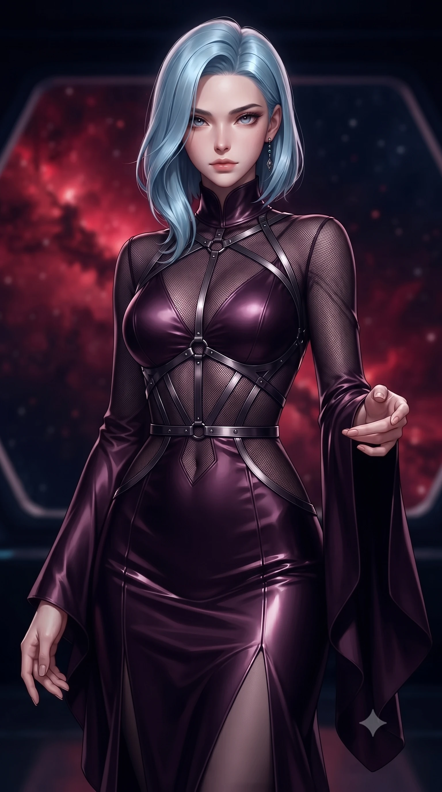 score_9, masterpiece, best quality, ultra-detailed, high-budget anime keyframe, editorial fashion photography, tasteful artistic composition, Korean woman. close-up cowboy shot from the waist and thighs up, the character dominates the composition, filling the frame with her large presence, background elements kept in soft focus. Reaching one hand toward the viewer with relaxed dark elegance, standing before a panoramic observation window looking into a deep crimson nebula, dark navy and onyx space void defining her sleek silhouette. She has an exceptionally elegant, slender, and willowy female figure with an ultra-slim waist, a gracefully sculpted slender torso, and a refined silhouette. sharp v-shaped jawline, high-bridge nose, intricate jewel-like eyes with depth, thick eyelashes, glossy lips with a natural sheen. wearing gothic high-collar dark plum silk evening gown with long bell sleeves in dark plum violet, made of fine dark contouring mesh, highlighted by a gunmetal metallic harness structure, highlighting her statuesque proportions and ultra-slim waistline. bathed in dramatic cosmic chiaroscuro with pitch-black ambient shadows. ultra-reflective glossy finish, specular highlights, metallic sheen, high-contrast stereoscopic depth, volumetric dynamic lighting, 2k, ultra detail, master piece, 9:16 ratio