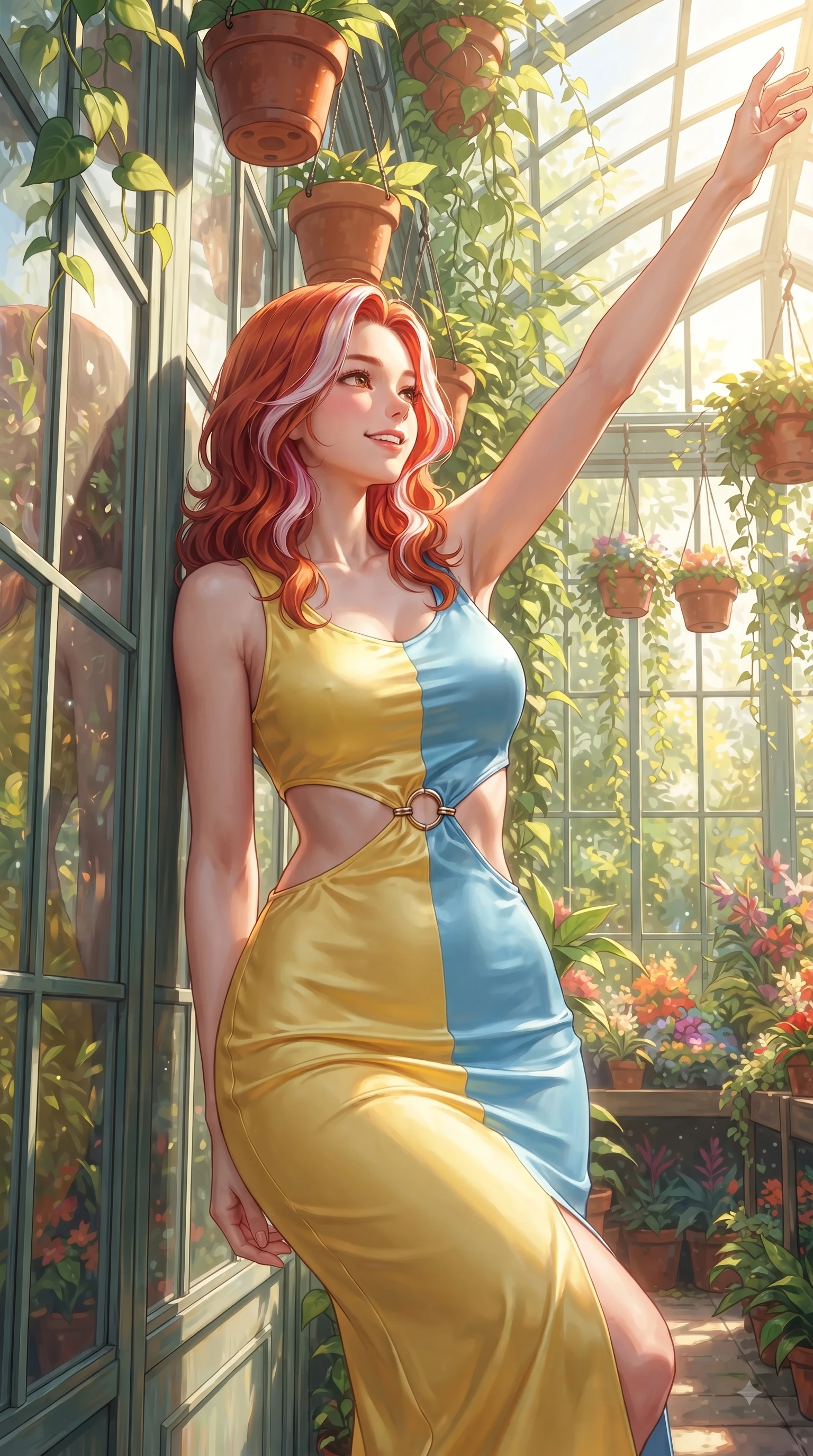 score_9, masterpiece, best quality, ultra-detailed, high-budget anime keyframe, editorial fashion photography, tasteful artistic composition, Caucasian woman. close-up cowboy shot from the waist and thighs up, the character dominates the composition, filling the frame with her large presence. Extending one arm in an elegant stretch toward the light while smiling with vibrant, youthful self-assurance while leaning against a glass greenhouse wall surrounded by hanging terracotta flower pots. The surrounding environment is rendered in vivid detail and crisp panoramic clarity. intricate glasshouse dome architecture, cascading tropical vines, and vibrant botanical displays in deep focus. She has an exceptionally elegant, slender, and willowy female figure with an ultra-slim waist, a gracefully sculpted slender torso, and a refined silhouette. sharp v-shaped jawline, high-bridge nose, intricate jewel-like eyes with depth, thick eyelashes, glossy lips with a natural sheen, flawlessly proportioned anatomical accuracy, natural body alignment, perfectly sculpted elegant limbs, clean dynamic posture without body distortion. wearing a form-contouring bodycon dress featuring subtle strategic side waist cutouts in sunny canary yellow and clear sky blue, crafted from smooth liquid silk satin, accented with subtle metallic ring hardware framing her waist, the sleek second-skin texture accentuating her magnetic presence. bathed in brilliant golden sunlight filtering through conservatory glass panes. ultra-reflective glossy finish, specular highlights, metallic sheen, high-contrast stereoscopic depth, volumetric dynamic lighting, 2k, ultra detail, master piece, 9:16 ratio