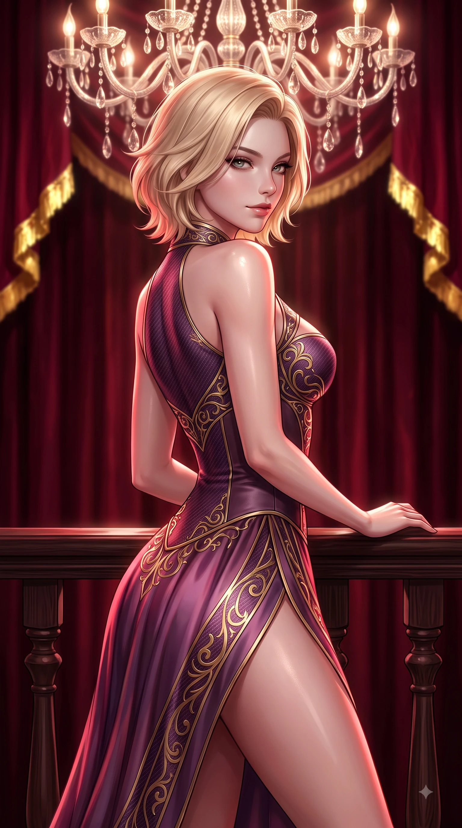 score_9, masterpiece, best quality, ultra-detailed, high-budget anime keyframe, editorial fashion photography, tasteful artistic composition, Caucasian woman. close-up cowboy shot from the waist and thighs up, the character dominates the composition, filling the frame with her large presence, background elements kept in soft focus. Casting a seductive sidelong gaze over her bare shoulder with heavy lashes and a composed half-smile while leaning gracefully against a carved mahogany balustrade under a majestic chandelier glow, rich crimson velvet curtains catching dramatic gold-leaf trim highlights. She has an exceptionally elegant, slender, and willowy female figure with an ultra-slim waist, a gracefully sculpted slender torso, and a refined silhouette. sharp v-shaped jawline, high-bridge nose, intricate jewel-like eyes with depth, thick eyelashes, glossy lips with a natural sheen, flawlessly proportioned anatomical accuracy, natural body alignment, perfectly sculpted elegant limbs, clean dynamic posture without body distortion. wearing a modern fusion silk hanbok dress with a structured bodice and flowing skirt in plum purple and gold filigree, made of fine carbon-fiber weave and soft matte leather, accented with a Tasteful chest slit framing her clavicle gracefully, the form-contouring material highlighting her ultra-slim waist and long lines. bathed in deep crimson theatrical lighting with sharp specular highlights on every curve. ultra-reflective glossy finish, specular highlights, metallic sheen, high-contrast stereoscopic depth, volumetric dynamic lighting, 2k, ultra detail, master piece, 9:16 ratio
