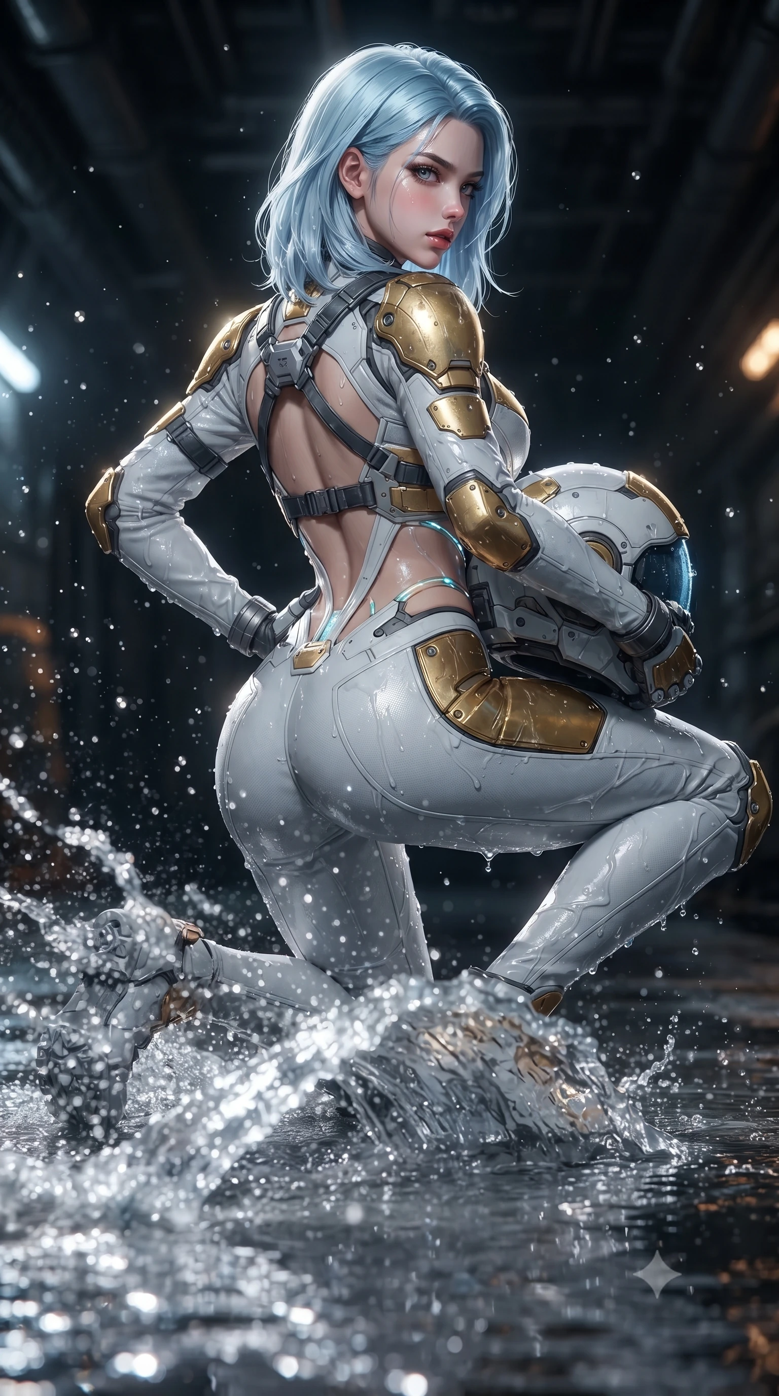 score_9, masterpiece, best quality, ultra-detailed, high-budget anime keyframe, editorial fashion photography, tasteful artistic composition, Korean woman. close-up cowboy shot from the waist and thighs up, the character dominates the composition, filling the frame with her large presence. resting one armored hand on her hip while glancing over her shoulder with thick eyelashes and an indomitable, smoldering combat gaze while sliding across the wet floor into a low sweep stance, sending a high-pressure wave of water cascading toward the camera. The composition keeps background elements in soft focus with creamy bokeh. sparkling water spray beads catching industrial warning light motes across a dark subterranean backdrop. She has an exceptionally elegant, slender, and willowy female figure with an ultra-slim waist, a gracefully sculpted slender torso, toned flat midriff, and a refined slim silhouette. sharp v-shaped jawline, high-bridge nose, intricate jewel-like eyes with depth, thick eyelashes, glossy lips with a natural sheen, fierce and resolute heroine expression, flawlessly proportioned anatomical accuracy, strict slender model proportions, natural body alignment, perfectly sculpted long slender limbs, ultra-slim waistline, clean dynamic posture without body distortion. holding a modular carbon battle-helmet under one arm, her flawless face and sculpted neck exposed to the rain with determined warrior focus, paired with a tailored tactical combat jumpsuit with an open-back harness design, reinforced composite breastplate, and high-mobility elbow dampers in arctic white carbon composite with scratched solar gold armor plating, tailored from flexible second-skin ballistic carbon-mesh adhering flawlessly to her athletic build, accented with glowing fiber-optic telemetry conduits tracing her collarbones and hip curves, the precision-cut daring openings accentuating her delicate midriff, graceful bare collarbones, and ultra-slim feminine waistline. illuminated by wet reflective highlights tracing her sculpted collarbones, waistline, and long slender legs. ultra-reflective glossy finish, specular highlights, dark metallic sheen, high-contrast stereoscopic depth, volumetric dynamic lighting, 2k, ultra detail, master piece, 9:16 ratio