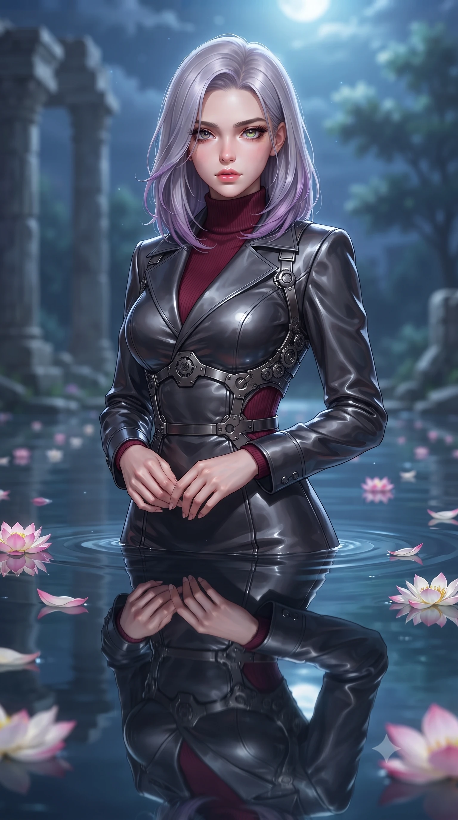 score_9, masterpiece, best quality, ultra-detailed, high-budget anime keyframe, editorial fashion photography, tasteful artistic composition, Caucasian woman. close-up cowboy shot from the waist and thighs up, the character dominates the composition, filling the frame with her large presence, background elements kept in soft focus. Casting a slow, direct gaze beneath heavy lashes with quiet intensity, immersed to the waist in a mirror-still pool as lotus petals drift around her, water surface creating a clear mirror reflection of her statuesque posture. She has an exceptionally elegant, slender, and willowy female figure with an ultra-slim waist, a gracefully sculpted slender torso, and a refined silhouette. sharp v-shaped jawline, high-bridge nose, intricate jewel-like eyes with depth, thick eyelashes, glossy lips with a natural sheen. wearing structured charcoal trench dress over sleek turtleneck in deep crimson burgundy, made of sculpted obsidian metallic chrome, highlighted by a gunmetal metallic harness structure, following her slender form with tailored precision. surrounded by a serene moonlit aura with sharp silver rim lights. highly saturated vibrant anime colors, detailed shading with soft gradients, rich glossy textures, high-contrast stereoscopic depth, volumetric dynamic lighting, master piece, 9:16 ratio