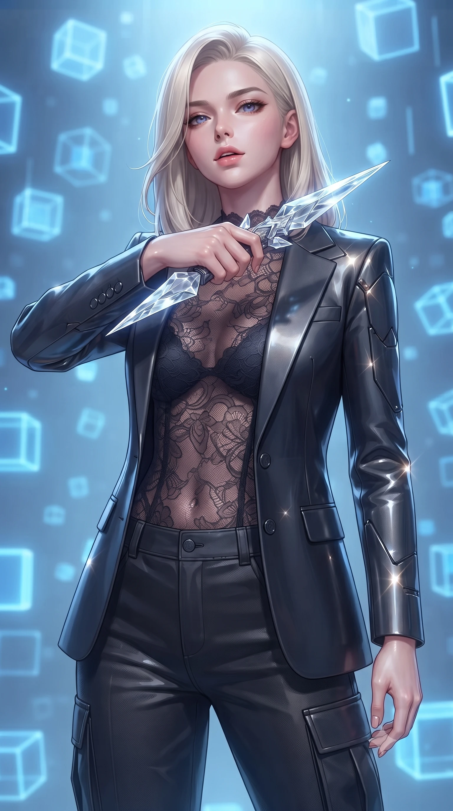 score_9, masterpiece, best quality, ultra-detailed, high-budget anime keyframe, editorial fashion photography, tasteful artistic composition, Caucasian woman. close-up cowboy shot from the waist and thighs up, the character dominates the composition, filling the frame with her large presence, background elements kept in soft focus. pointing a crystal-edged laser dagger forward in a defensive stance, tilting her chin up slightly with lips parted in a composed pose, the background shows a soft-focus a holographic simulation chamber with floating, glowing blue geometry cubes. She has an exceptionally elegant, slender, and willowy female figure with an ultra-slim waist, a gracefully sculpted slender torso, and a refined silhouette. sharp v-shaped jawline, high-bridge nose, intricate jewel-like eyes with depth, thick eyelashes, glossy lips with a natural sheen. wearing a slim-fit semi-opaque dark lace bodysuit worn under a tailored open carbon-plated blazer and cargo pants. soft blue light radiating from the digital cubes onto her refined profile. ultra-reflective glossy finish, specular highlights, metallic sheen, high-contrast stereoscopic depth, volumetric dynamic lighting, 2k, ultra detail, master piece, 9:16 ratio