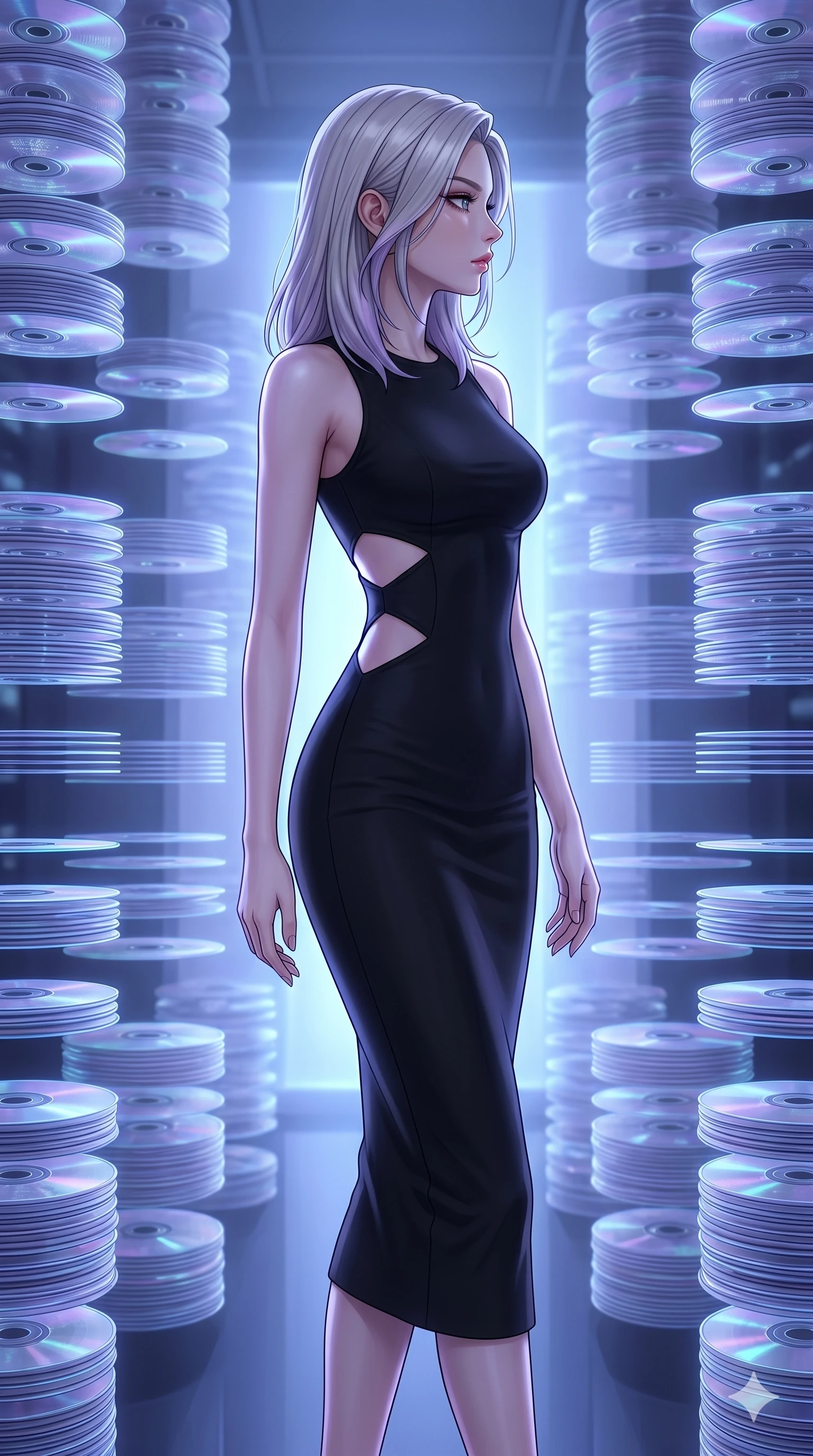 score_9, masterpiece, best quality, ultra-detailed, high-budget anime keyframe, editorial fashion photography, tasteful artistic composition, Caucasian woman, strictly human ears. cowboy shot from the thighs up, character and outfit filling the frame for maximum editorial presence. Turning her face in sharp dramatic profile against the light inside a digital archive room where holographic data discs float in neat stacks. She has an absolutely perfect 8-heads proportion, an exceptionally tall and slender female figure with impossibly long slender legs and an ultra-slim waist. V-shaped jawline, high-bridge nose, intricate jewel-like eyes with depth, thick eyelashes, glossy lips with a natural sheen. wearing a matte black midi dress in heavy stretch-crepe with strategic diamond-shaped cutouts along the ribs and a high round neckline. bathed in cool ethereal blue-violet bioluminescent glow that highlights her form from all sides. 2k, ultra detail, master piece, 9:16 ratio