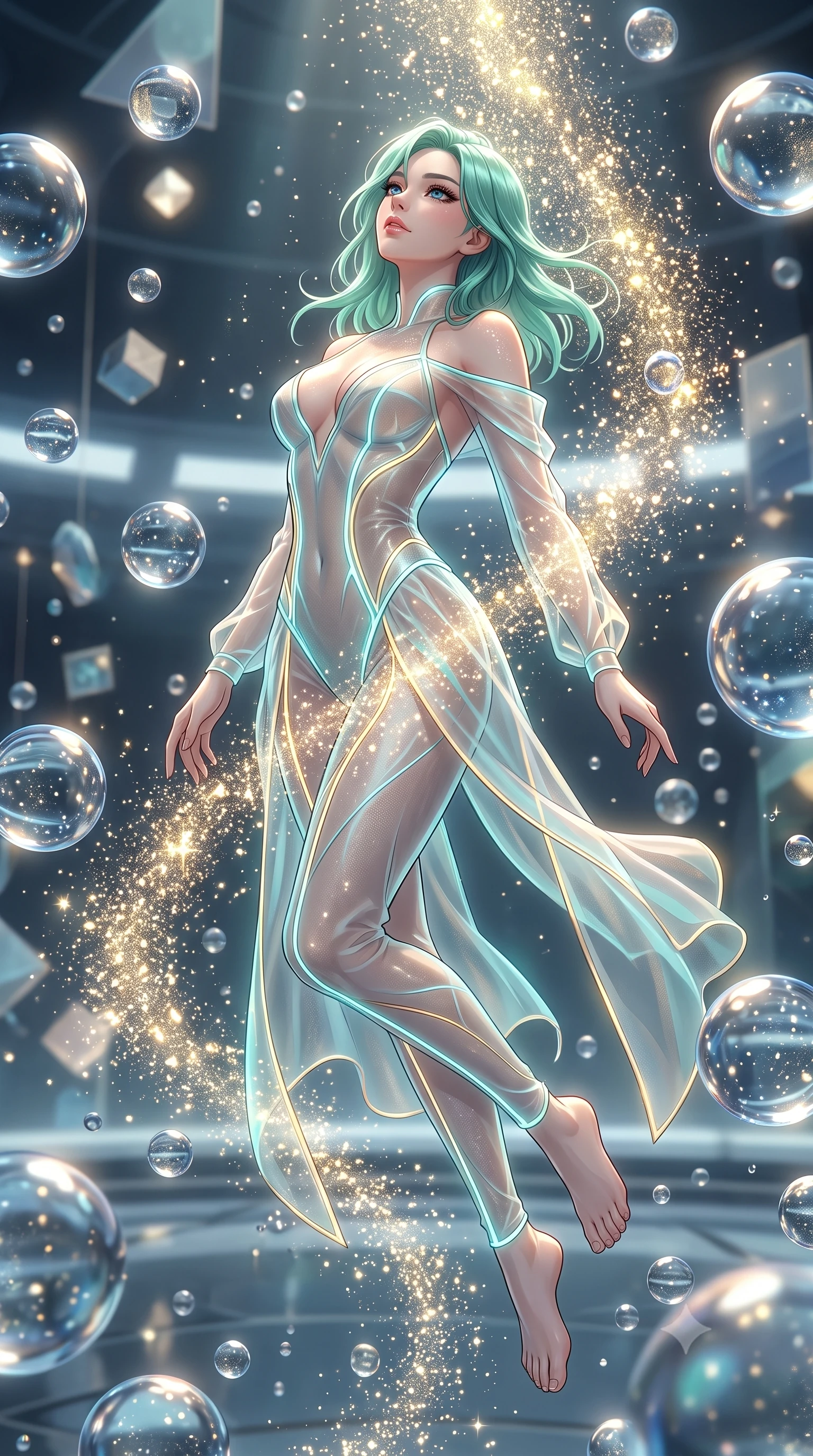 score_9, masterpiece, best quality, ultra-detailed, High-budget Anime Keyframe, East Asian woman. Low angle cowboy shot filling the entire 9:16 frame with her statuesque presence. Scenario 338: showering under a cascade of glittering gold stardust inside a zero-gravity sanctuary filled with floating water spheres. Her presence is magnetic and overpowering in this high-budget anime scene. Outfit 338: a slim-fit sheer organza bare with a low-cut shoulder and glowing LED seams. The clothing is designed to emphasize her exceptionally tall and slender 8-heads proportion. 8-heads proportion, towering silhouette, ultra-slim waist. sharp v-shaped jawline, intricate jewel-like eyes with depth, thick eyelashes, glossy lips. 2k, ultra detail, master piece, 9:16 ratio