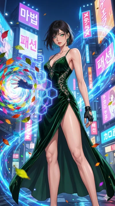 첨부의 캐릭터 얼굴만 유지해, score_9, masterpiece, best quality, ultra-detailed, Set C: High-budget Anime Keyframe, Korean woman. Low angle cowboy shot filling the entire 9:16 frame with her statuesque presence. Summoning a shield made of hexagonal energy tiles.