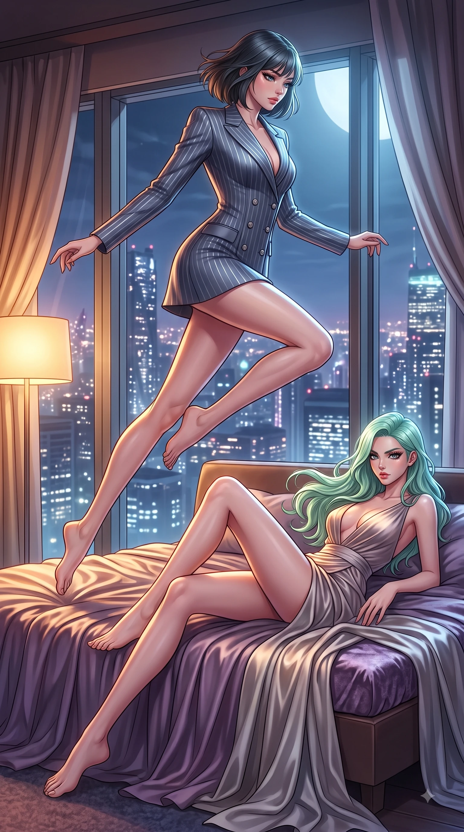 score_9, masterpiece, best quality, ultra-detailed, high-budget anime keyframe, editorial fashion photography, tasteful artistic composition, Japanese woman. low angle full-body shot from head to toe showing her feet, filling the entire 9:16 vertical frame with her statuesque presence, stretching her vertical silhouette. leaping gracefully through mid-air with statuesque elegance, her impossibly long slender legs stretched in perfect balance while lounging in an alluring S-curve pose on a plush silk daybed in a penthouse over city lights, crushed velvet sheets and silk drapery catching warm amber ambient lamp highlights. She has an absolutely perfect, statuesque 8.5-heads proportion, an exceptionally tall and slender model-like female figure with impossibly long slender legs and an ultra-slim waist. sharp v-shaped jawline, high-bridge nose, intricate jewel-like eyes with depth, thick eyelashes, glossy lips with a natural sheen, flawlessly proportioned anatomical accuracy, natural body alignment, perfectly sculpted elegant limbs, clean dynamic posture without body distortion. wearing a double-breasted blazer dress with subtle metallic pin-stripes in slate blue and metallic silver, made of fine carbon-fiber weave and soft matte leather, accented with a Tasteful chest slit framing her clavicle gracefully, the sleek second-skin texture accentuating her magnetic presence. bathed in warm luxury ambient lighting and soft silver moonlight tracing every curve. highly saturated vibrant anime colors, detailed shading with soft gradients, rich glossy textures, high-contrast stereoscopic depth, volumetric dynamic lighting, master piece, 9:16 ratio