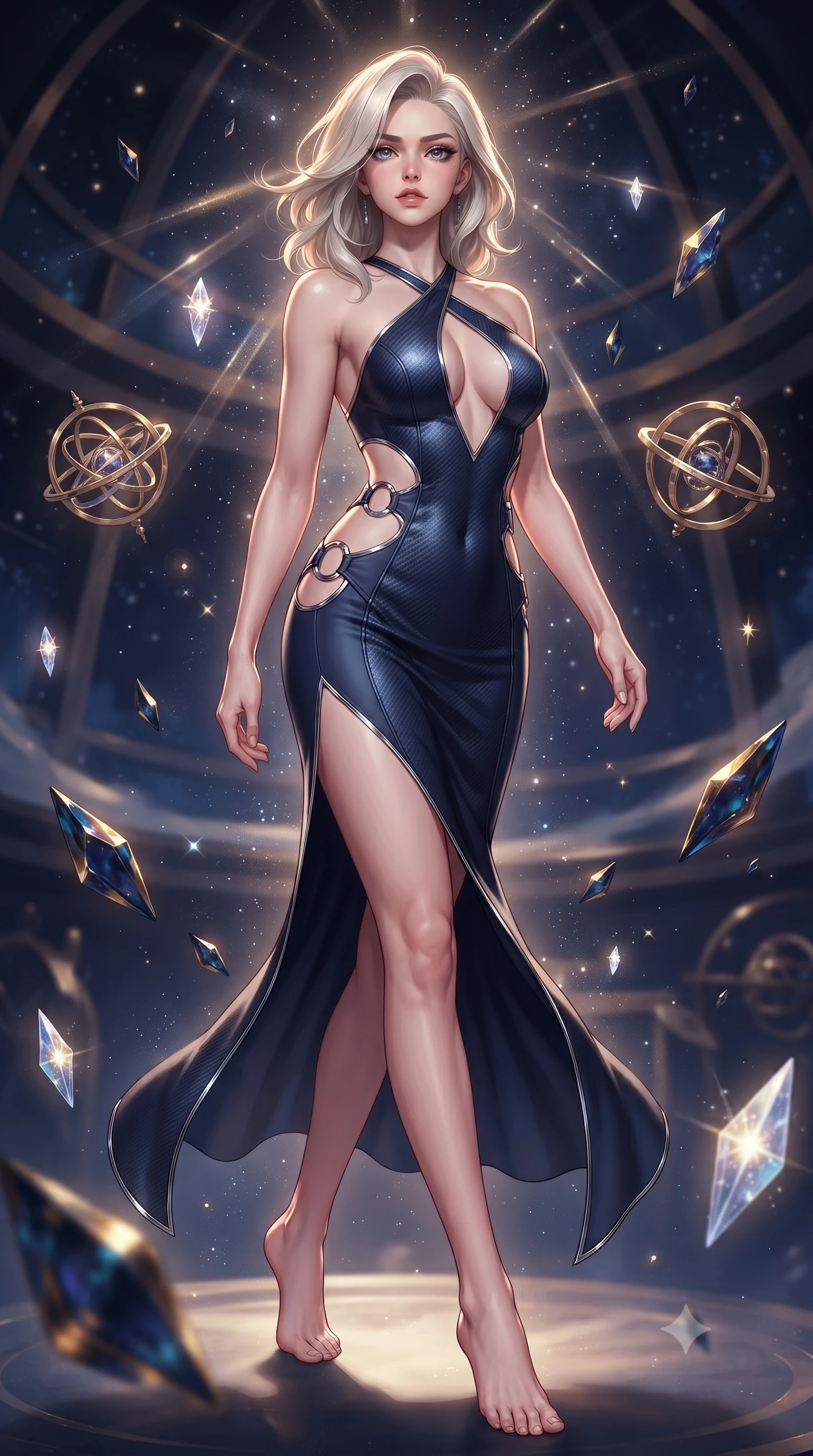 score_9, masterpiece, best quality, ultra-detailed, high-budget anime keyframe, editorial fashion photography, tasteful artistic composition, Caucasian woman. low angle full-body shot from head to toe showing her feet, filling the entire 9:16 vertical frame with her statuesque presence, stretching her vertical silhouette. stepping forward with proud posture, filling the vertical frame with her magnetic presence surrounded by floating armillary spheres and glowing starlight crystals, floating meteor shards reflecting deep navy and gold hues. She has an absolutely perfect, statuesque 8.5-heads proportion, an exceptionally tall and slender model-like female figure with impossibly long slender legs and an ultra-slim waist. sharp v-shaped jawline, high-bridge nose, intricate jewel-like eyes with depth, thick eyelashes, glossy lips with a natural sheen. wearing a deep-scoop halter bodycon dress with hip cutouts connected by silver rings in midnight navy blue and chrome trim, made of fine carbon-fiber weave and soft matte leather, complemented by criss-cross back straps highlighting her bare shoulders, the sleek second-skin texture accentuating her magnetic presence. surrounded by a glowing aura of starlight and shimmering celestial rays. highly saturated vibrant anime colors, detailed shading with soft gradients, rich glossy textures, high-contrast stereoscopic depth, volumetric dynamic lighting, master piece, 9:16 ratio
