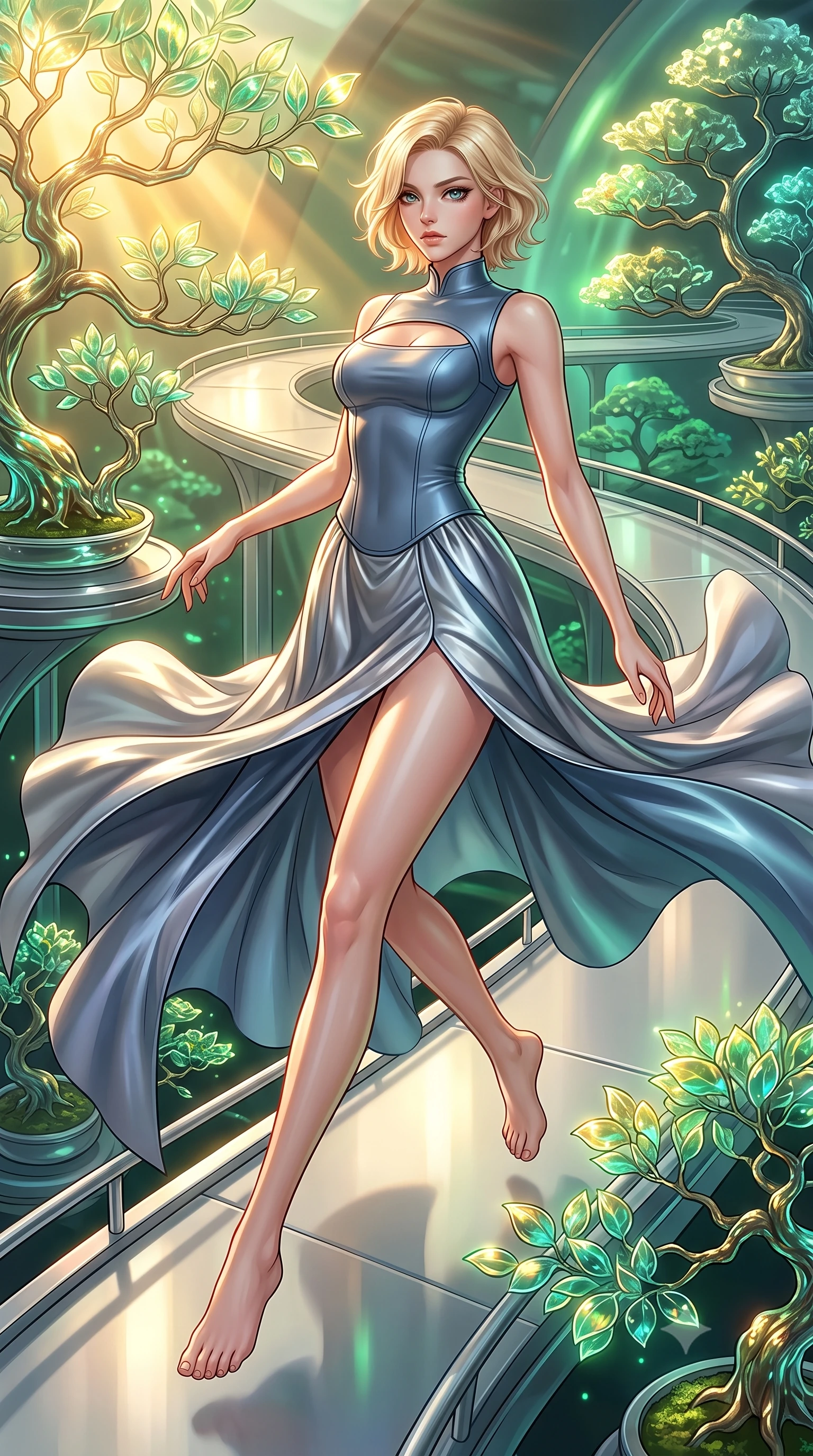 score_9, masterpiece, best quality, ultra-detailed, high-budget anime keyframe, editorial fashion photography, tasteful artistic composition, Caucasian woman. low angle full-body shot from head to toe showing her feet, filling the entire 9:16 vertical frame with her statuesque presence, stretching her vertical silhouette. pivoting dynamically in zero-gravity with fluid body alignment, displaying her perfect model proportions while walking along a platinum walkway in a quantum garden filled with glowing glass bonsai trees, translucent glass bonsai leaves reflecting vibrant emerald and gold sunbursts. She has an absolutely perfect, statuesque 8.5-heads proportion, an exceptionally tall and slender model-like female figure with impossibly long slender legs and an ultra-slim waist. sharp v-shaped jawline, high-bridge nose, intricate jewel-like eyes with depth, thick eyelashes, glossy lips with a natural sheen, flawlessly proportioned anatomical accuracy, natural body alignment, perfectly sculpted elegant limbs, clean dynamic posture without body distortion. wearing a modern fusion silk hanbok dress with a structured bodice and flowing skirt in slate blue and metallic silver, formed from sleek second-skin neoprene, accented with a Tasteful chest slit framing her clavicle gracefully, the form-contouring material highlighting her ultra-slim waist and long lines. bathed in warm golden sunlight and soft emerald bioluminescent glow. highly saturated vibrant anime colors, detailed shading with soft gradients, rich glossy textures, high-contrast stereoscopic depth, volumetric dynamic lighting, master piece, 9:16 ratio