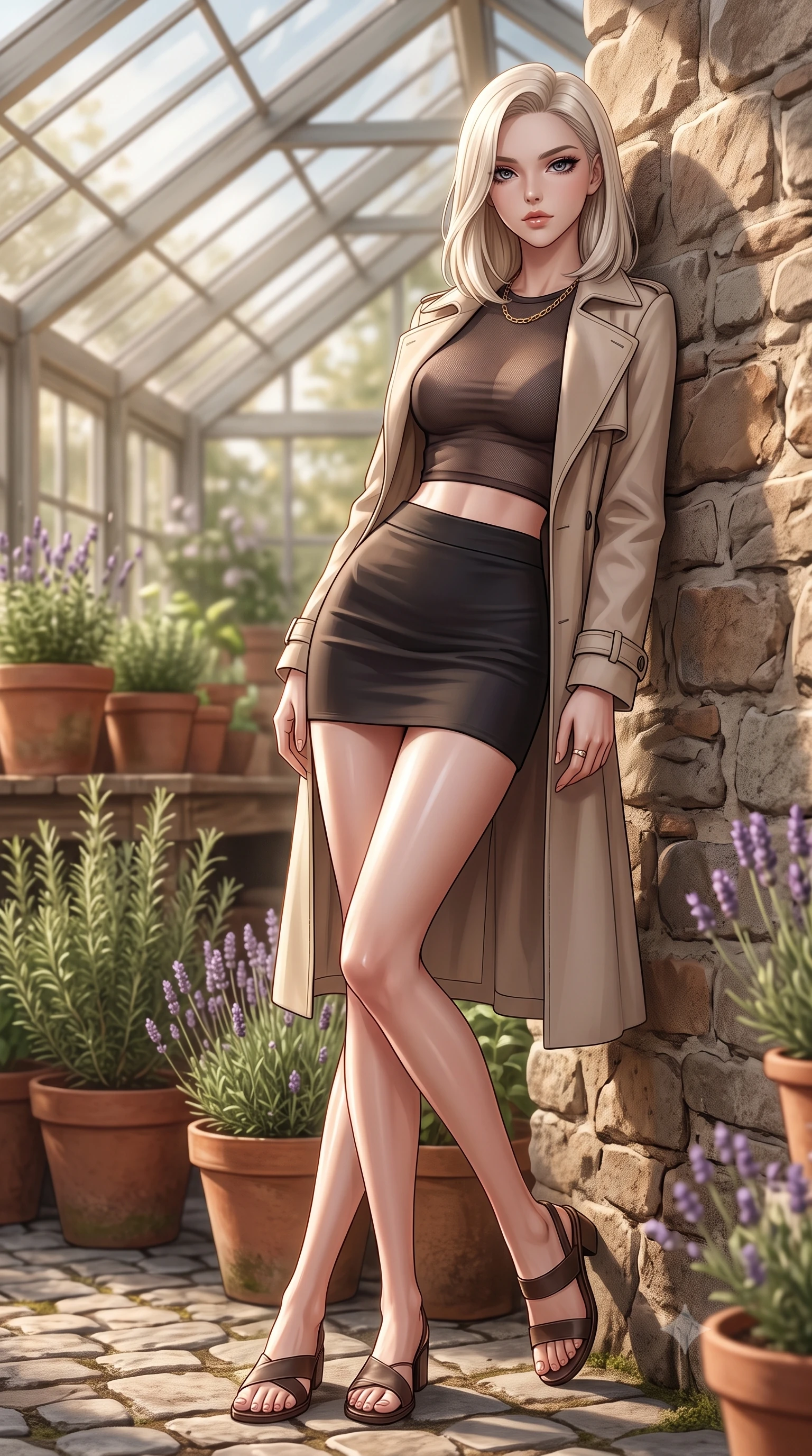 score_9, masterpiece, best quality, ultra-detailed, high-budget anime keyframe, editorial fashion photography, tasteful artistic composition, Caucasian woman. low angle full-body shot from head to toe showing her feet, filling the entire 9:16 vertical frame with her statuesque presence, stretching her vertical silhouette. leaning back against a rustic stone wall, casting a slow, alluring gaze at the camera the background shows a soft-focus a cozy cottage greenhouse, surrounded by terracotta pots, rosemary, and lavender. She has an absolutely perfect, statuesque 8.5-heads proportion, an exceptionally tall and slender model-like female figure with impossibly long slender legs and an ultra-slim waist. sharp v-shaped jawline, high-bridge nose, intricate jewel-like eyes with depth, thick eyelashes, glossy lips with a natural sheen. wearing a form-contouring semi-opaque dark mesh crop top paired with a mini skirt, layered with a tailored light trench coat. warm, diffused daylight creating a quiet and productive mood. ultra-reflective glossy finish, specular highlights, metallic sheen, high-contrast stereoscopic depth, volumetric dynamic lighting, 2k, ultra detail, master piece, 9:16 ratio