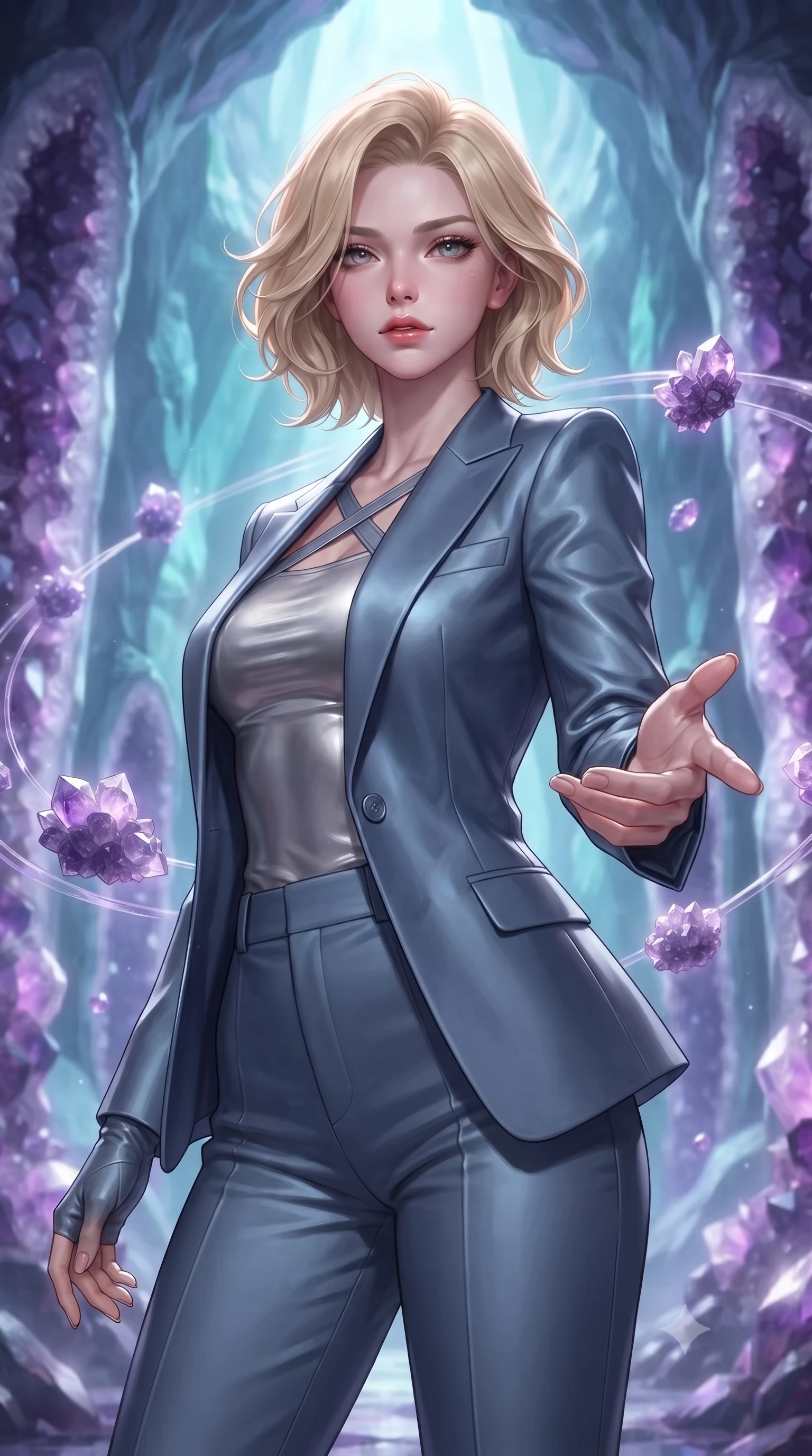 score_9, masterpiece, best quality, ultra-detailed, high-budget anime keyframe, editorial fashion photography, tasteful artistic composition, Caucasian woman. close-up cowboy shot from the waist and thighs up, the character dominates the composition, filling the frame with her large presence, background elements kept in soft focus. Reaching one hand gracefully toward the viewer with effortless superiority and allure standing inside a breathtaking cavern lined with massive amethyst geode pillars, floating amethyst clusters drifting in smooth circular orbits. She has an exceptionally elegant, slender, and willowy female figure with an ultra-slim waist, a gracefully sculpted slender torso, and a refined silhouette. sharp v-shaped jawline, high-bridge nose, intricate jewel-like eyes with depth, thick eyelashes, glossy lips with a natural sheen. wearing a tailored silk blazer over a form-contouring top and fitted slacks in slate blue and metallic silver, crafted from smooth liquid silk, complemented by criss-cross back straps highlighting her bare shoulders, the glove-like fit emphasizing her statuesque silhouette. surrounded by a cool jewel-toned luminescence with bright specular rim lights. ultra-reflective glossy finish, specular highlights, metallic sheen, high-contrast stereoscopic depth, volumetric dynamic lighting, 2k, ultra detail, master piece, 9:16 ratio