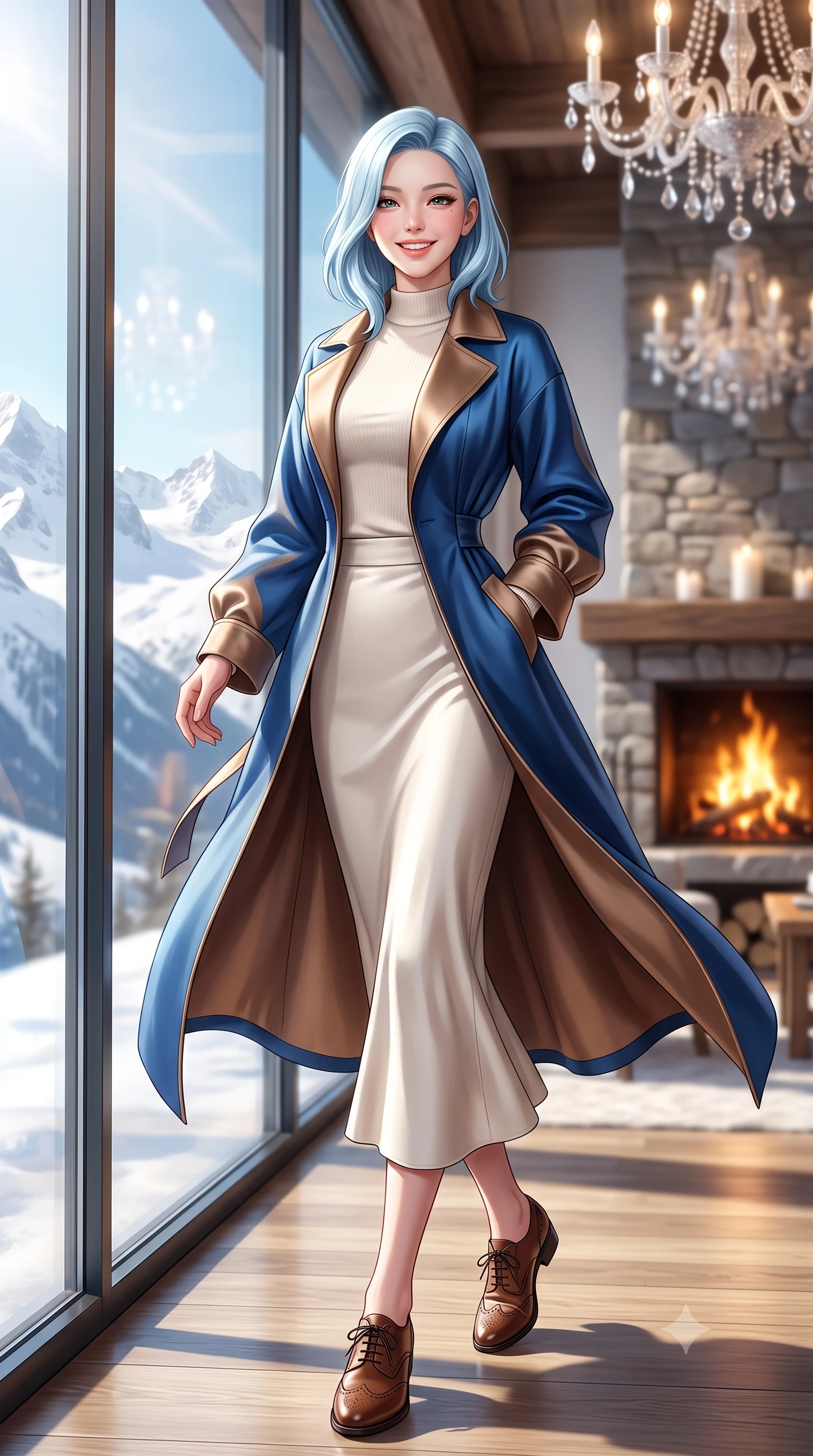 score_9, masterpiece, best quality, ultra-detailed, high-budget anime keyframe, semi-realistic 3D game render, editorial fashion photography, tasteful artistic composition, Korean woman. low angle full-body shot from head to toe showing her feet, filling the entire 9:16 vertical frame with her statuesque presence, stretching her vertical silhouette. stepping forward gracefully in mid-motion with a radiant beaming smile, her long tailored coat fluttering around her slender legs while standing poised beside the monumental floor-to-ceiling glass wall framing snow-capped Alpine peaks, smiling radiantly at the viewer. The background shows a soft-focus crackling pinewood fire and crystal chandeliers softened in ultra-luxury Engadin winter sanctuary shallow focus. She has an exceptionally tall and slender model-like 8.5-heads proportion, an ultra-slim waist, a flat toned midriff, narrow delicate ribcage, and beautifully sculpted feminine hips creating a graceful, slim hourglass silhouette without any bulky heaviness, with impossibly long slender legs. sharp v-shaped jawline, high-bridge nose, intricate jewel-like sparkling eyes with depth, thick eyelashes, glossy parted lips with a natural peach sheen, bright cheerful beaming smile with an enchanting and coquettish sensual glint, exuding both youthful cute charm and seductive allure, flawlessly proportioned anatomical accuracy, strict slender model proportions, natural body alignment, perfectly sculpted long slender limbs, ultra-slim waistline, clean dynamic posture without body distortion. wearing an elegant tailored wool trench with kimono-inspired wide sleeves worn over an ivory mock-neck sweater and long skirt in royal sapphire blue and antique brushed bronze, crafted from fluid mulberry silk twill with an understated lustrous pearl finish, complemented by classic polished leather oxfords with brogue perforations, the sharp shoulder tailoring and gently nipped waist framing her slender torso with pristine sartorial perfection. bathed in the dramatic high-altitude Swiss mountain sunlight streaming through panoramic windows mixed with golden hearth firelight. highly saturated vibrant anime colors, detailed shading with soft gradients, rich glossy textures, high-contrast stereoscopic depth, volumetric dynamic lighting, master piece, 9:16 ratio